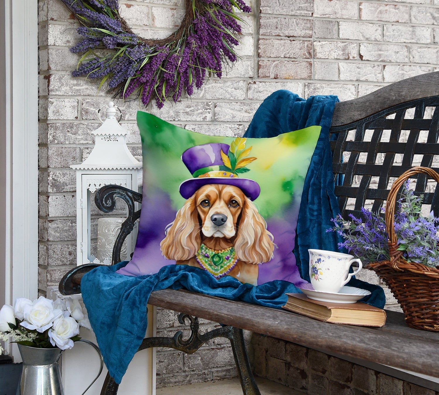 Cocker Spaniel King of Mardi Gras Decorative Throw Pillow 18x18 Indoor Outdoor Accent Cushion, Fabric Cover with Insert for Sofa, Bed, Porch & Living Room