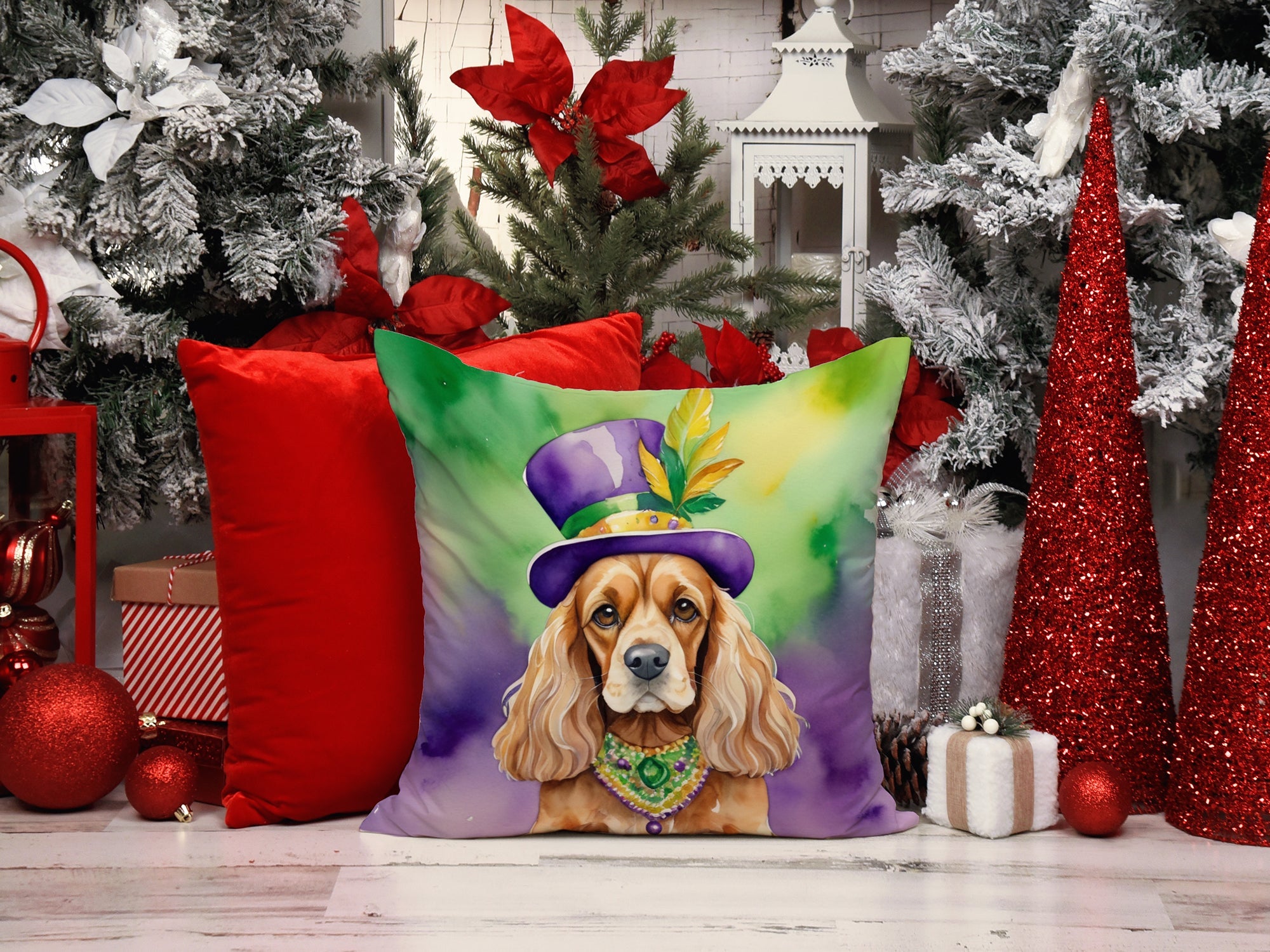 Cocker Spaniel King of Mardi Gras Decorative Throw Pillow 18x18 Indoor Outdoor Accent Cushion, Fabric Cover with Insert for Sofa, Bed, Porch & Living Room