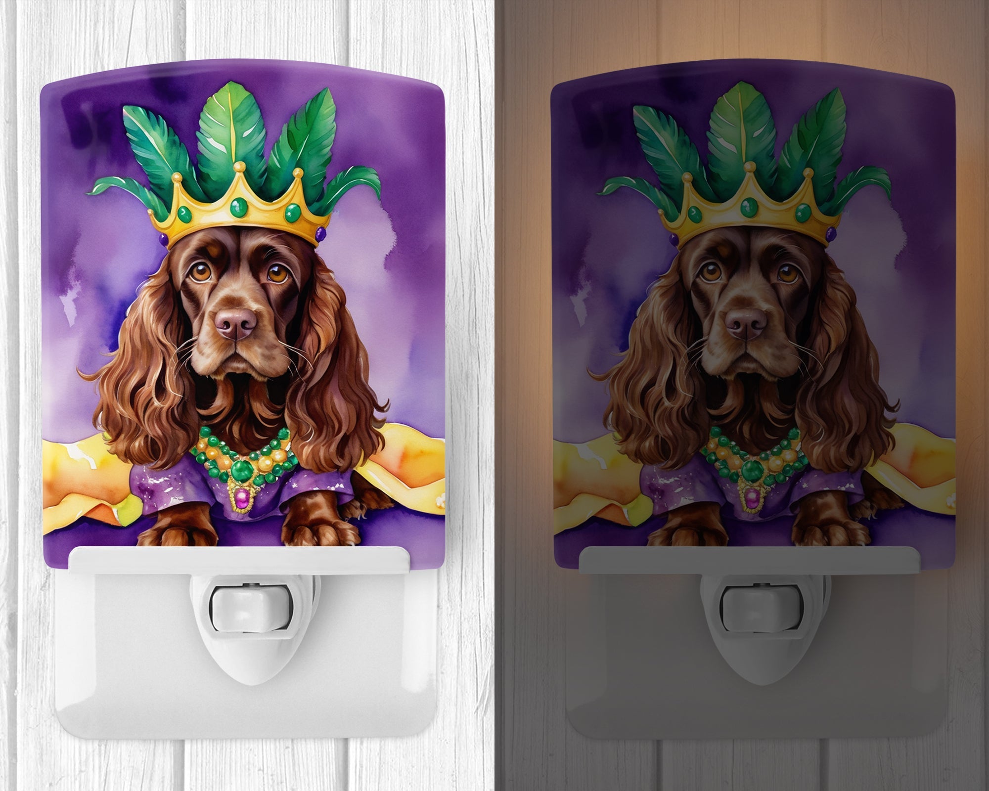 Cocker Spaniel King of Mardi Gras Ceramic Night Light Compact, UL-Certified, Ideal for Bedroom, Bathroom, Nursery, Hallway, Kitchen, 6x4x3, Multicolor