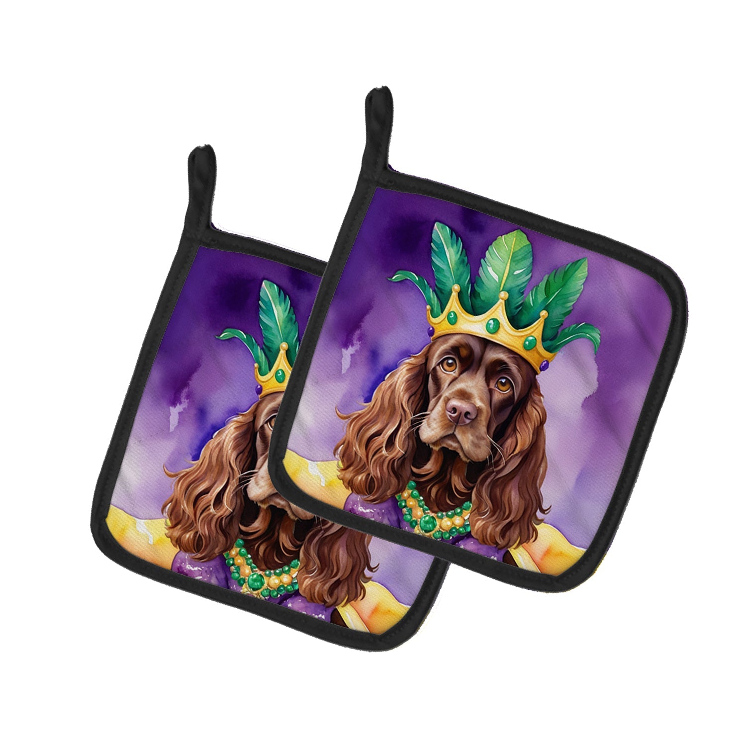 Cocker Spaniel King of Mardi Gras Pot Holder Set of 2 Heat Resistant Quilted Hot Pads 7.5 x 7.5 Inch, Insulated Kitchen Trivets for Cooking & Baking