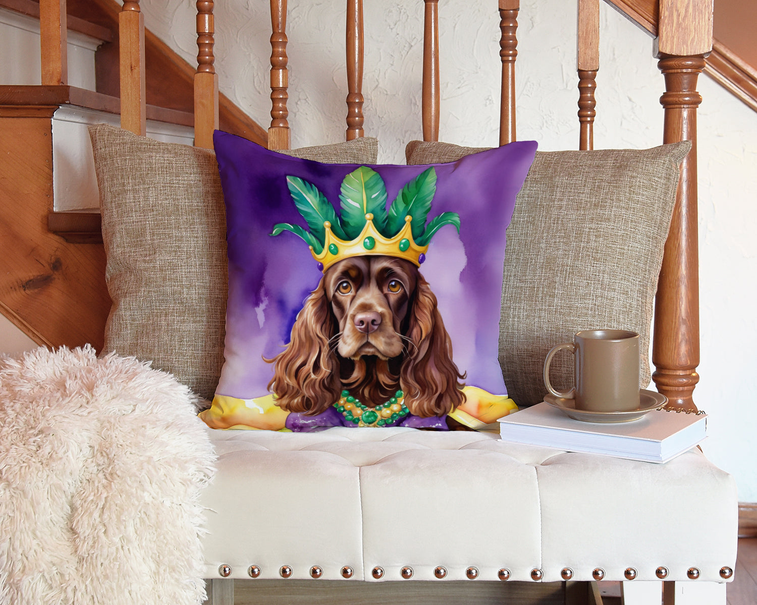 Cocker Spaniel King of Mardi Gras Decorative Throw Pillow 14x14 Indoor Outdoor Accent Cushion, Fabric Cover with Insert for Sofa, Bed, Porch & Living Room
