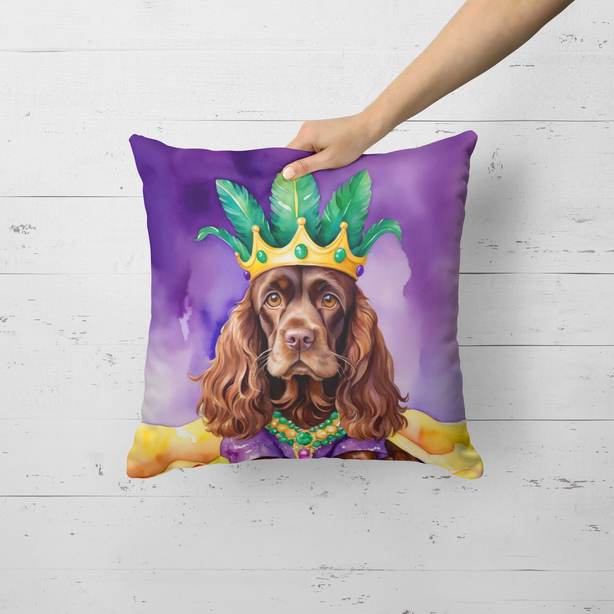 Cocker Spaniel King of Mardi Gras Decorative Throw Pillow 18x18 Indoor Outdoor Accent Cushion, Fabric Cover with Insert for Sofa, Bed, Porch & Living Room