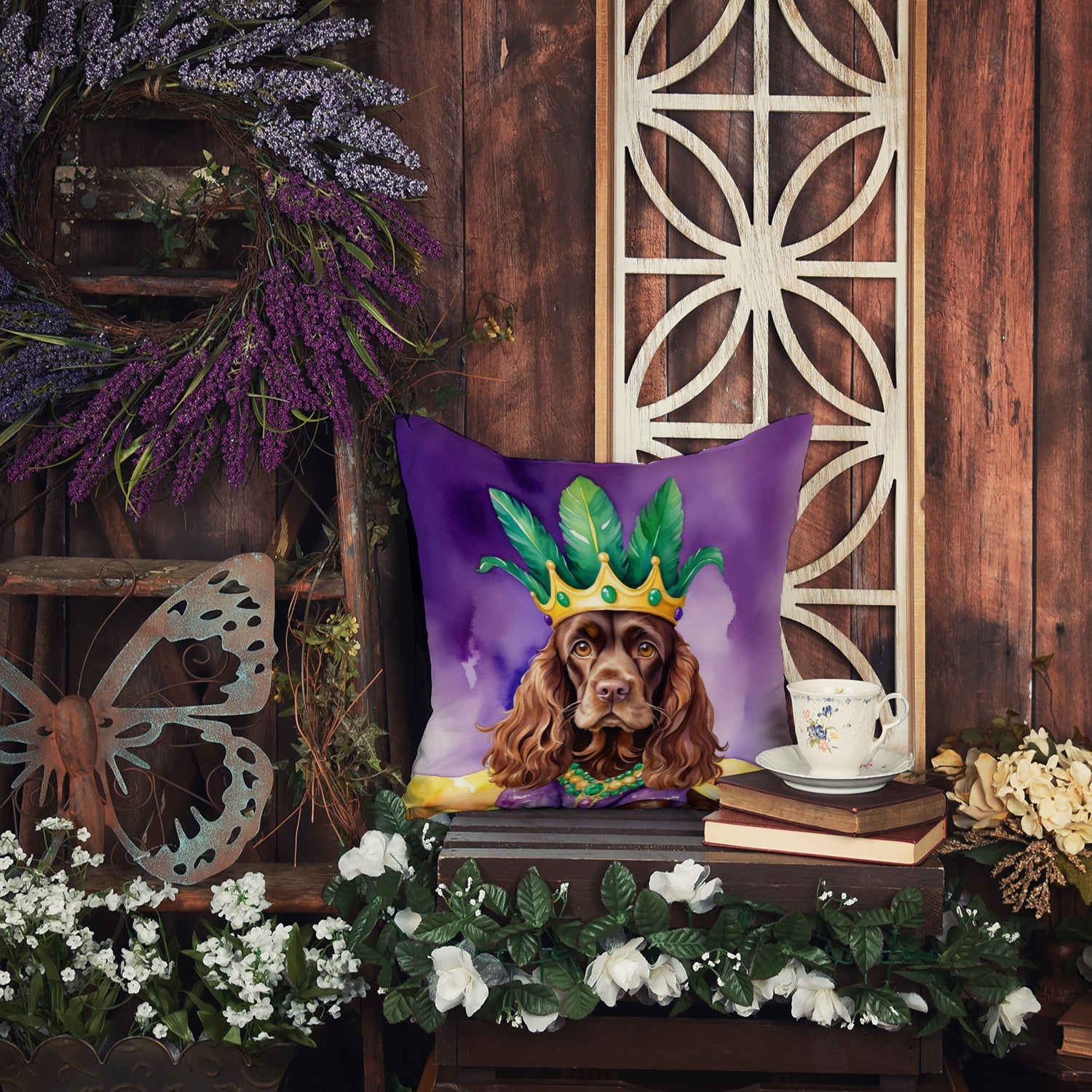 Cocker Spaniel King of Mardi Gras Decorative Throw Pillow 18x18 Indoor Outdoor Accent Cushion, Fabric Cover with Insert for Sofa, Bed, Porch & Living Room