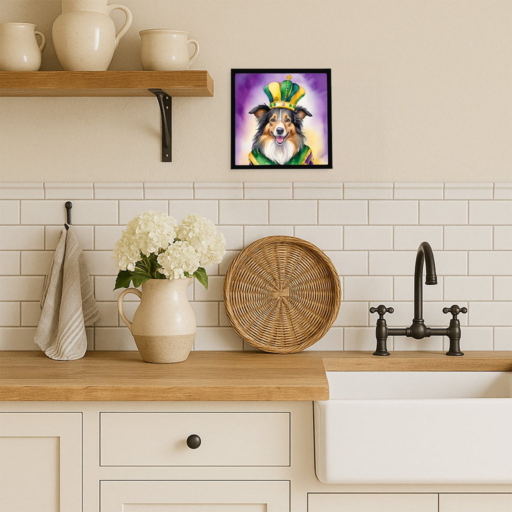 Collie King of Mardi Gras Framed Metal Print Bathroom, Kitchen, Office, Home Decor Wall Art Ready to Hang, Square, 8X8