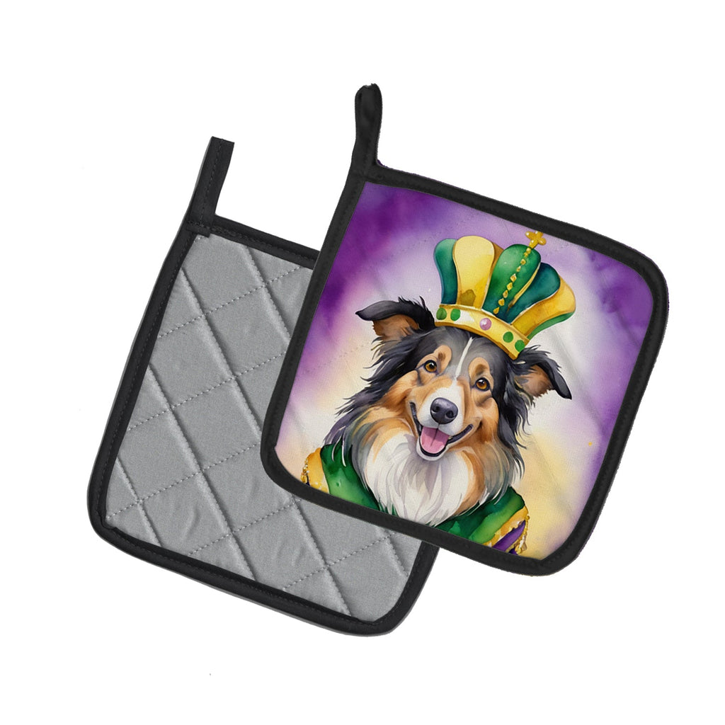 Collie King of Mardi Gras Pot Holder Set of 2 Heat Resistant Quilted Hot Pads 7.5 x 7.5 Inch, Insulated Kitchen Trivets for Cooking & Baking