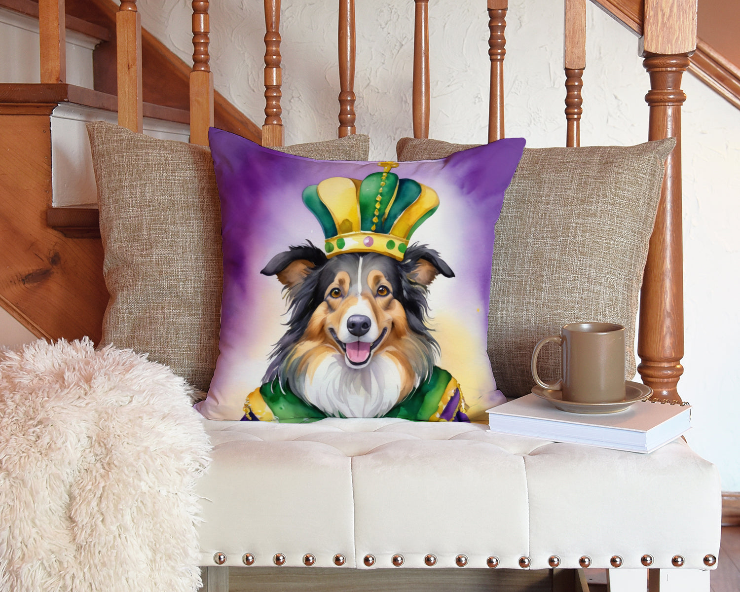 Collie King of Mardi Gras Decorative Throw Pillow 14x14 Indoor Outdoor Accent Cushion, Fabric Cover with Insert for Sofa, Bed, Porch & Living Room