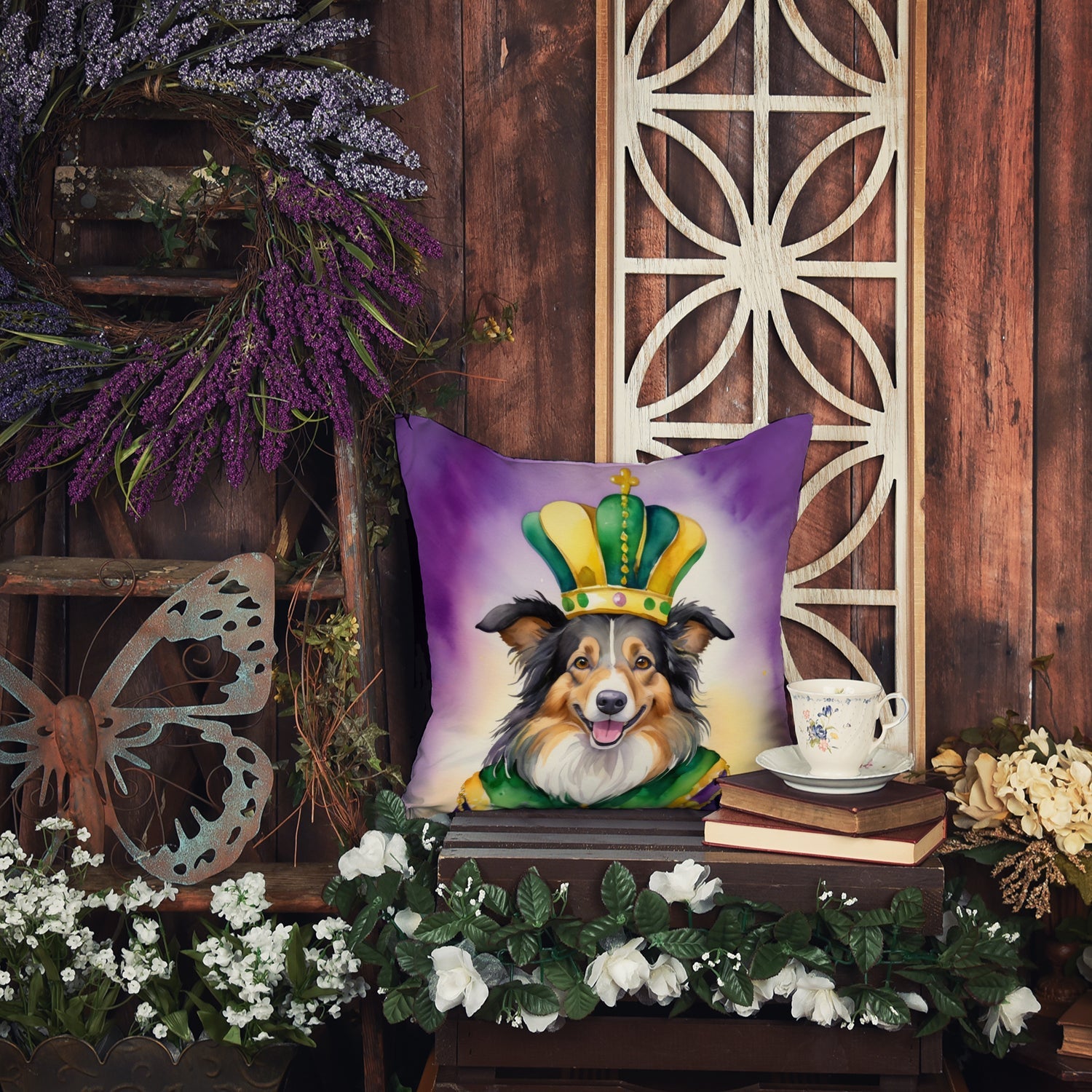 Collie King of Mardi Gras Decorative Throw Pillow 14x14 Indoor Outdoor Accent Cushion, Fabric Cover with Insert for Sofa, Bed, Porch & Living Room