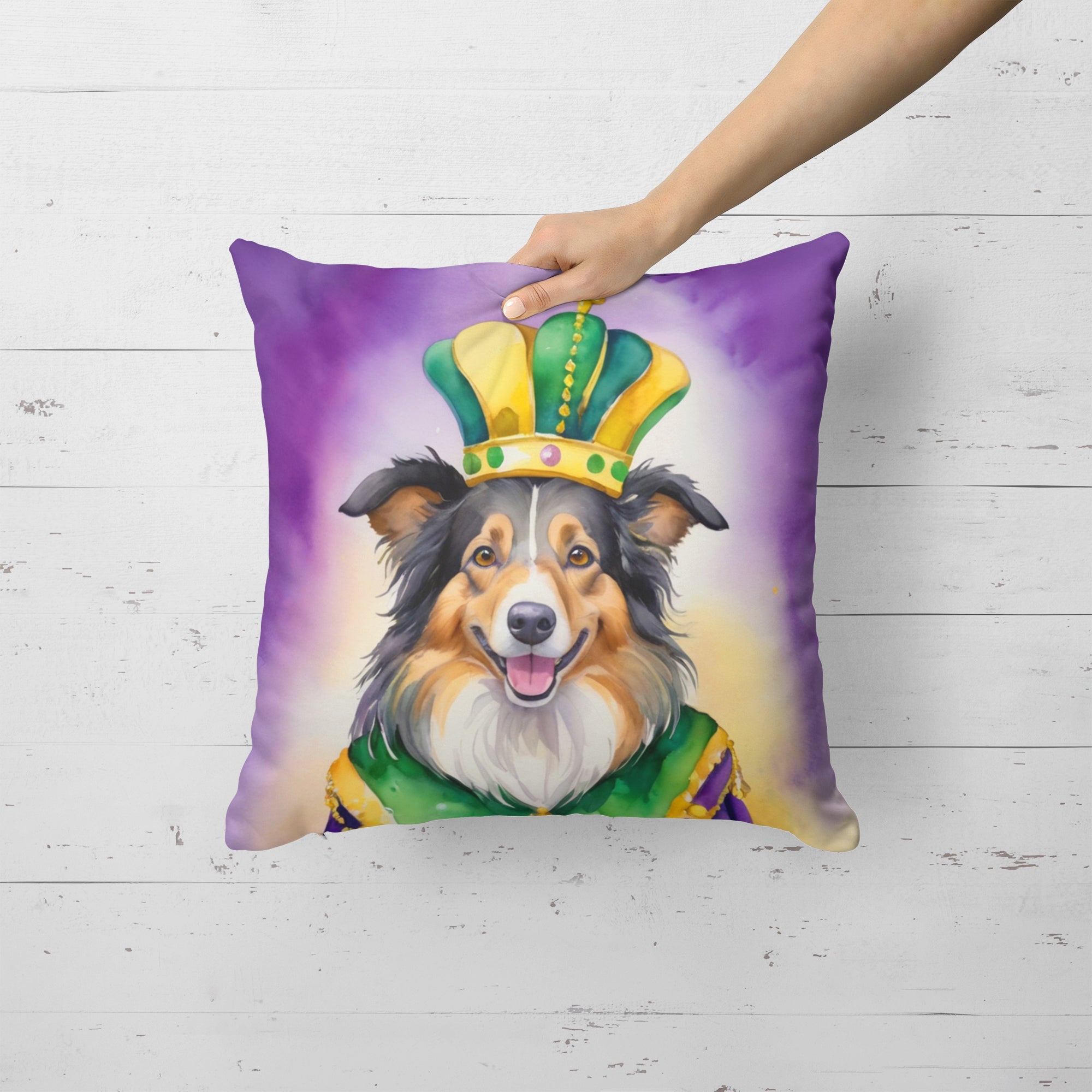 Collie King of Mardi Gras Decorative Throw Pillow 18x18 Indoor Outdoor Accent Cushion, Fabric Cover with Insert for Sofa, Bed, Porch & Living Room