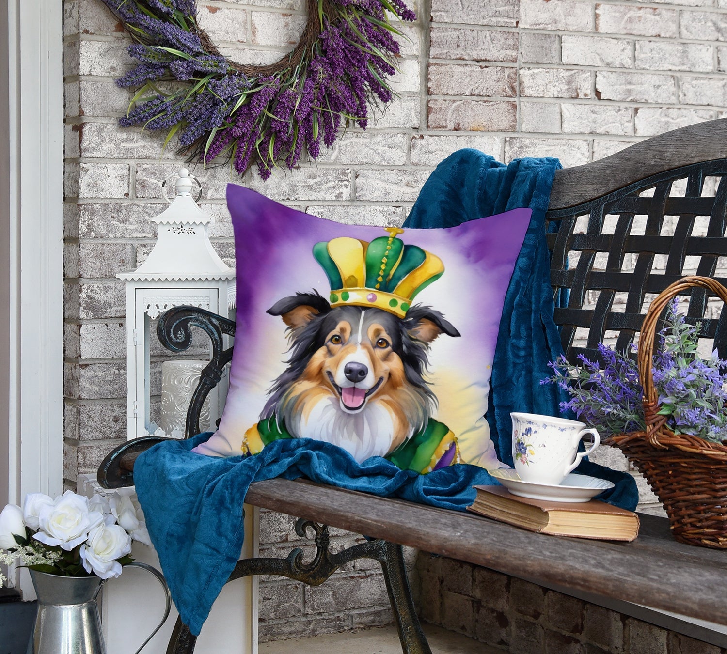 Collie King of Mardi Gras Decorative Throw Pillow 18x18 Indoor Outdoor Accent Cushion, Fabric Cover with Insert for Sofa, Bed, Porch & Living Room