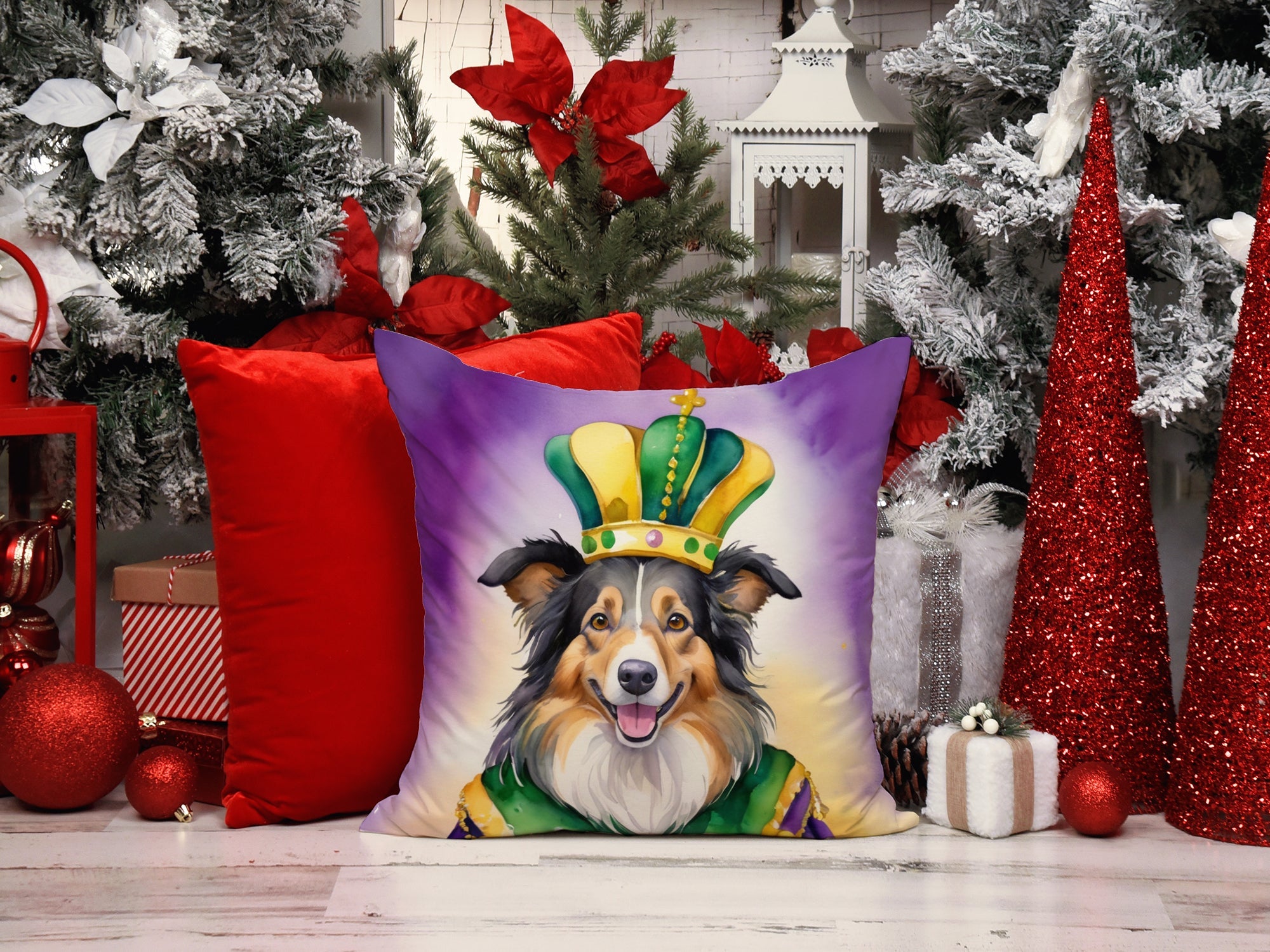 Collie King of Mardi Gras Decorative Throw Pillow 18x18 Indoor Outdoor Accent Cushion, Fabric Cover with Insert for Sofa, Bed, Porch & Living Room