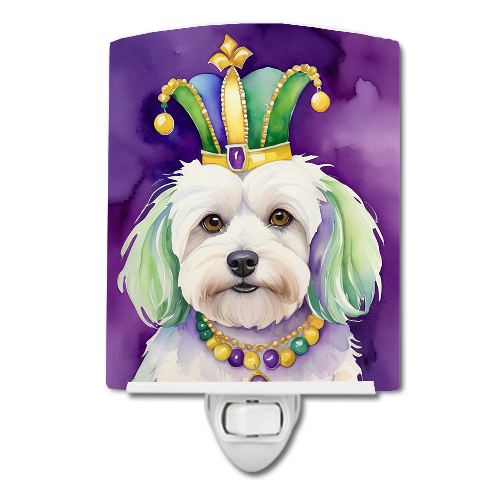 Coton de Tulear King of Mardi Gras Ceramic Night Light Compact, UL-Certified, Ideal for Bedroom, Bathroom, Nursery, Hallway, Kitchen, 6x4x3, Multicolor