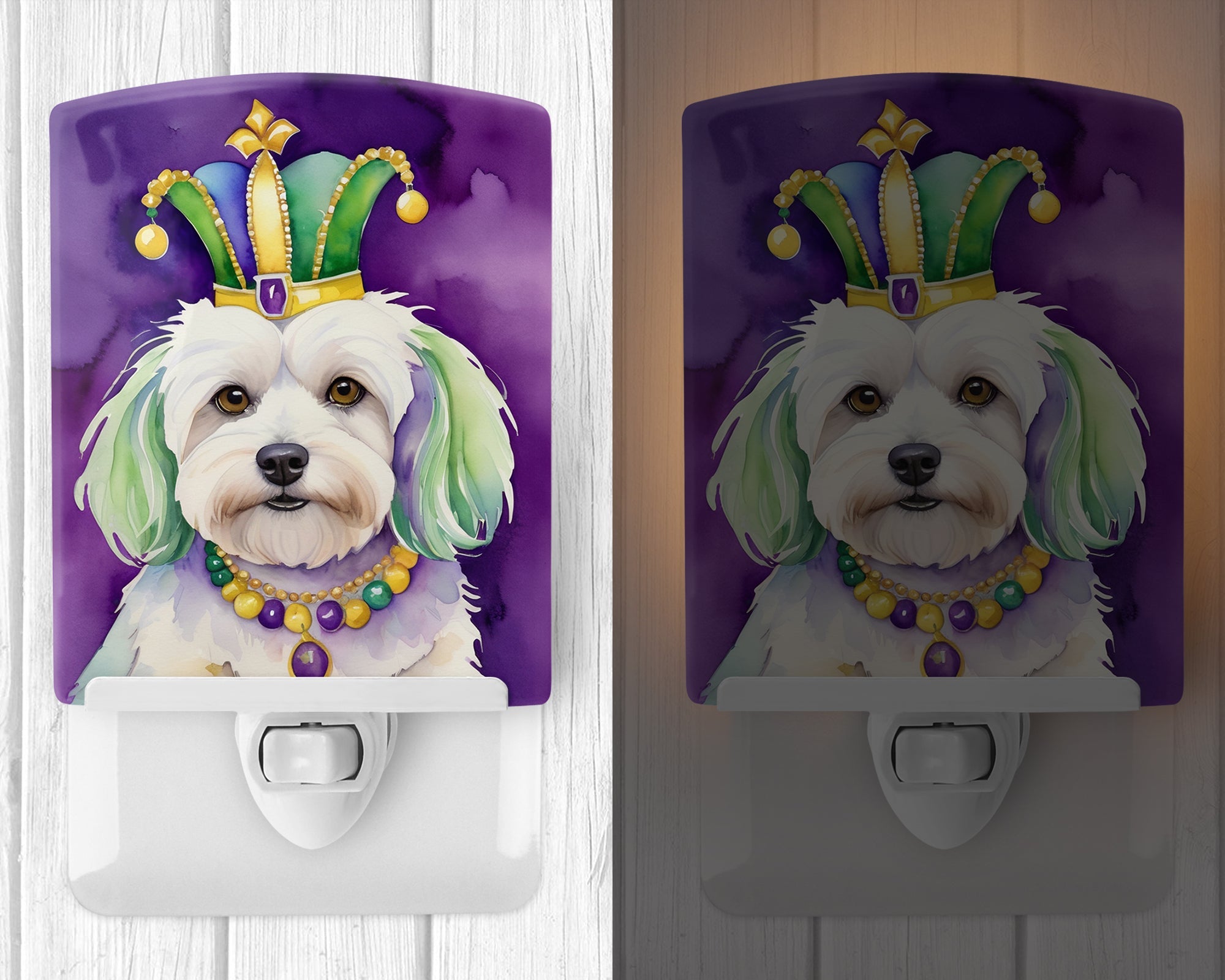 Coton de Tulear King of Mardi Gras Ceramic Night Light Compact, UL-Certified, Ideal for Bedroom, Bathroom, Nursery, Hallway, Kitchen, 6x4x3, Multicolor