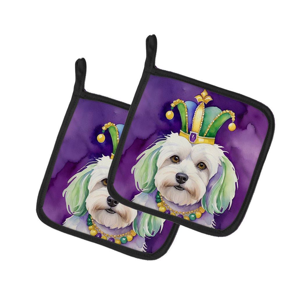 Coton de Tulear King of Mardi Gras Pot Holder Set of 2 Heat Resistant Quilted Hot Pads 7.5 x 7.5 Inch, Insulated Kitchen Trivets for Cooking & Baking