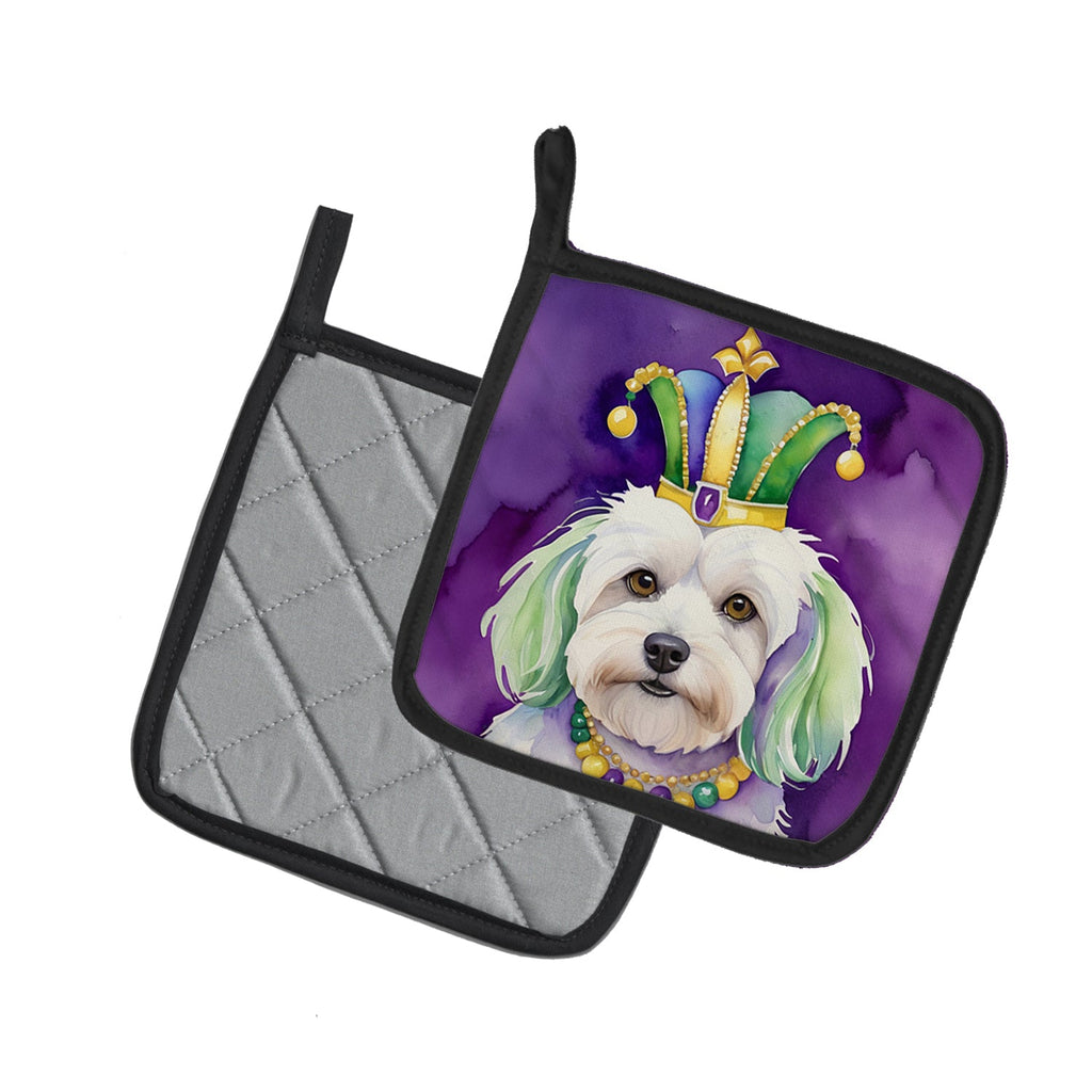 Coton de Tulear King of Mardi Gras Pot Holder Set of 2 Heat Resistant Quilted Hot Pads 7.5 x 7.5 Inch, Insulated Kitchen Trivets for Cooking & Baking