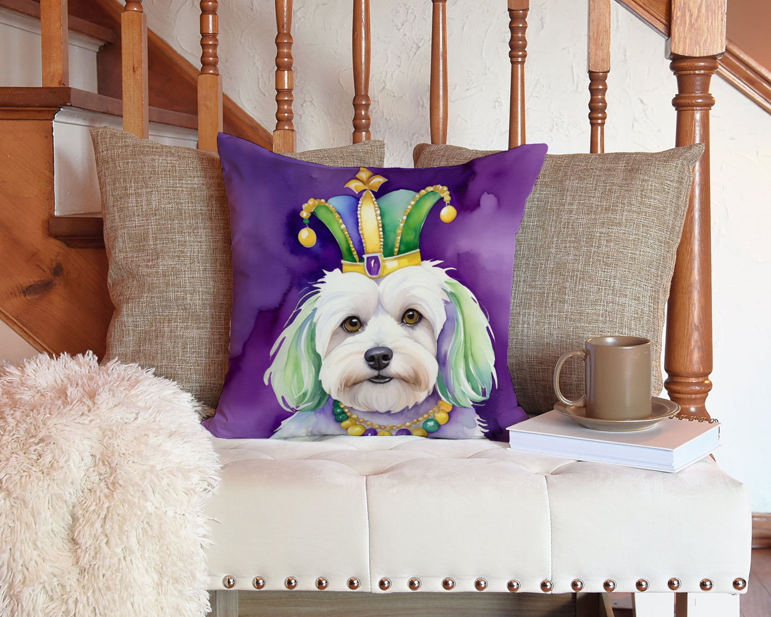 Coton de Tulear King of Mardi Gras Decorative Throw Pillow 14x14 Indoor Outdoor Accent Cushion, Fabric Cover with Insert for Sofa, Bed, Porch & Living Room