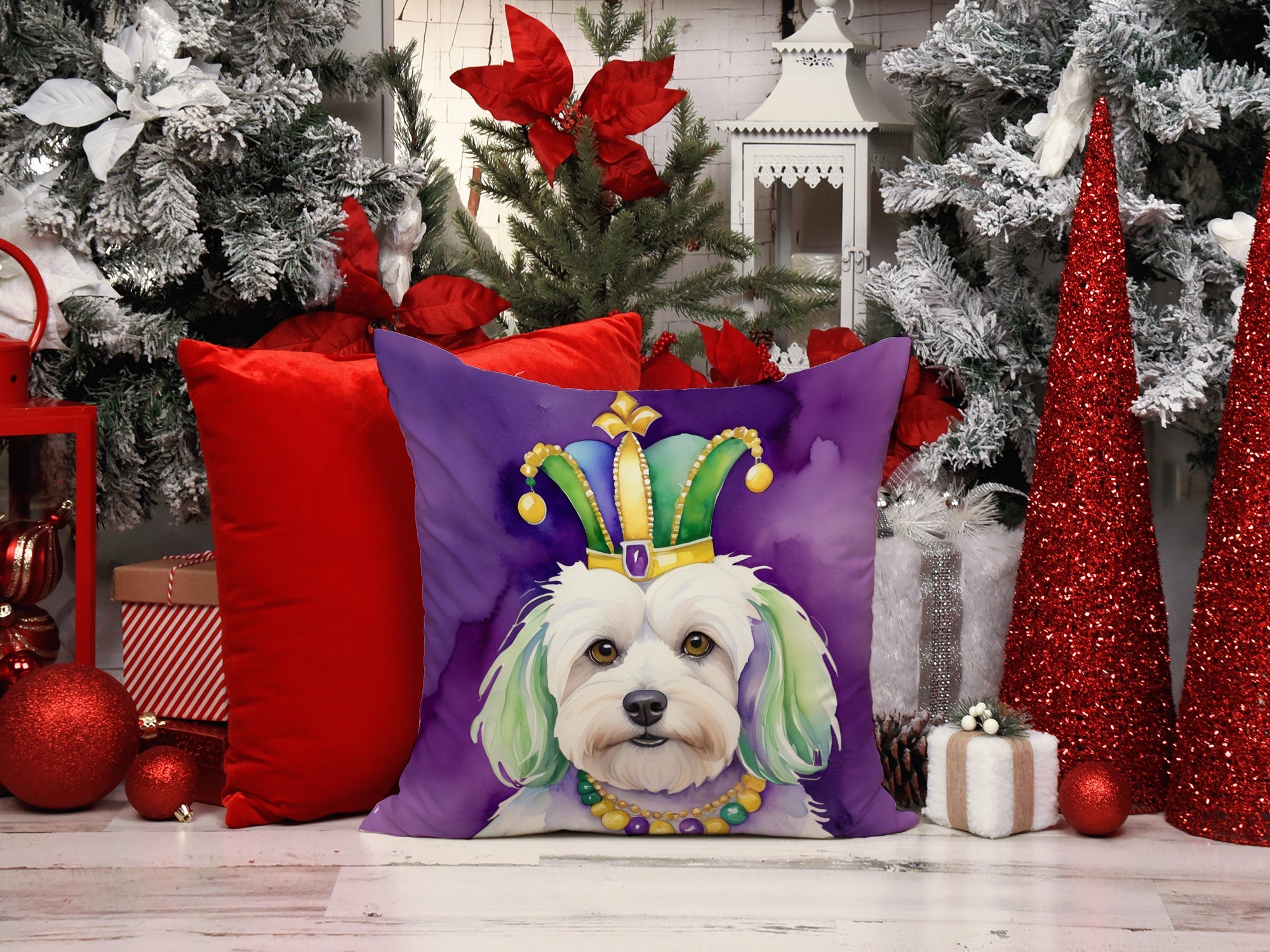 Coton de Tulear King of Mardi Gras Decorative Throw Pillow 14x14 Indoor Outdoor Accent Cushion, Fabric Cover with Insert for Sofa, Bed, Porch & Living Room