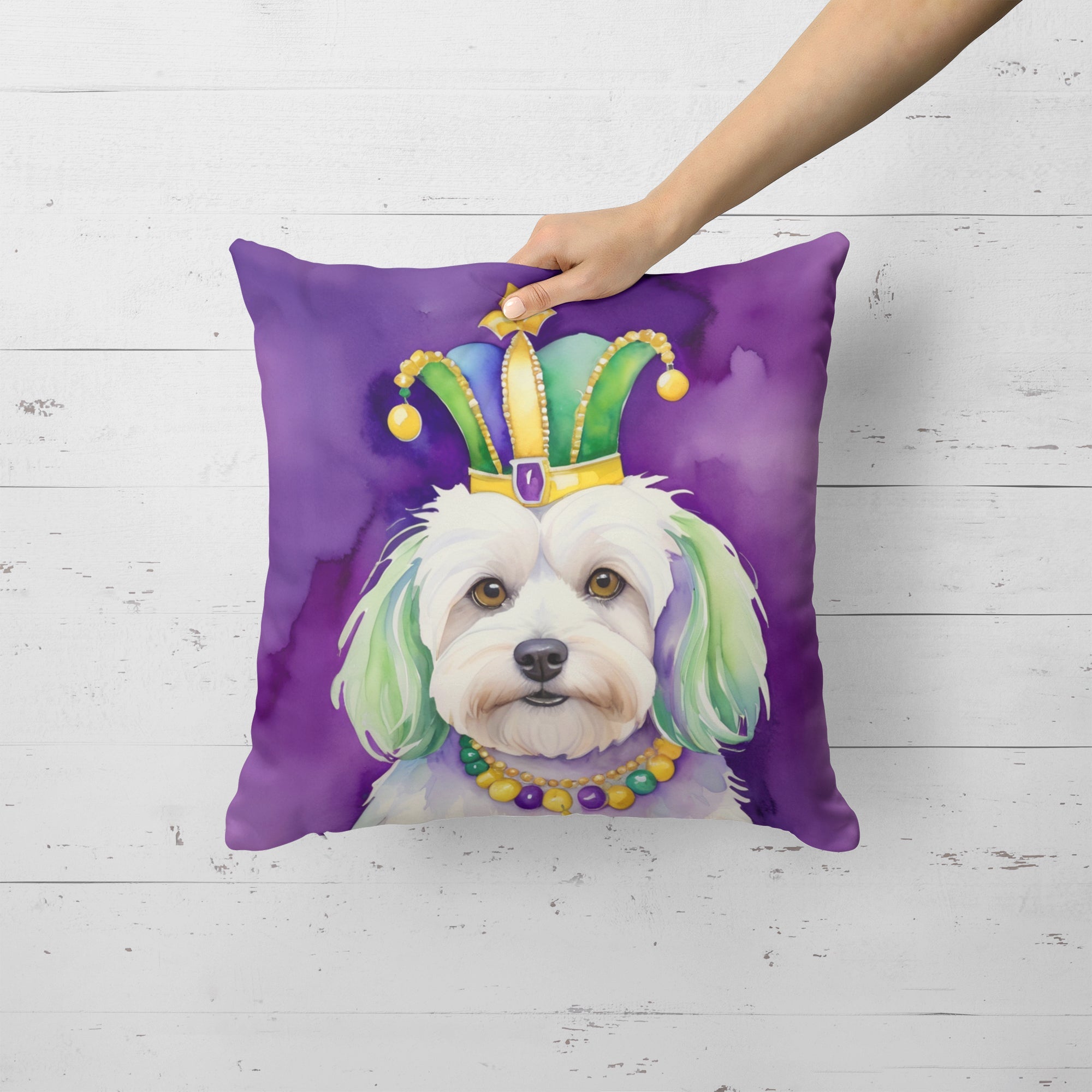 Coton de Tulear King of Mardi Gras Decorative Throw Pillow 18x18 Indoor Outdoor Accent Cushion, Fabric Cover with Insert for Sofa, Bed, Porch & Living Room