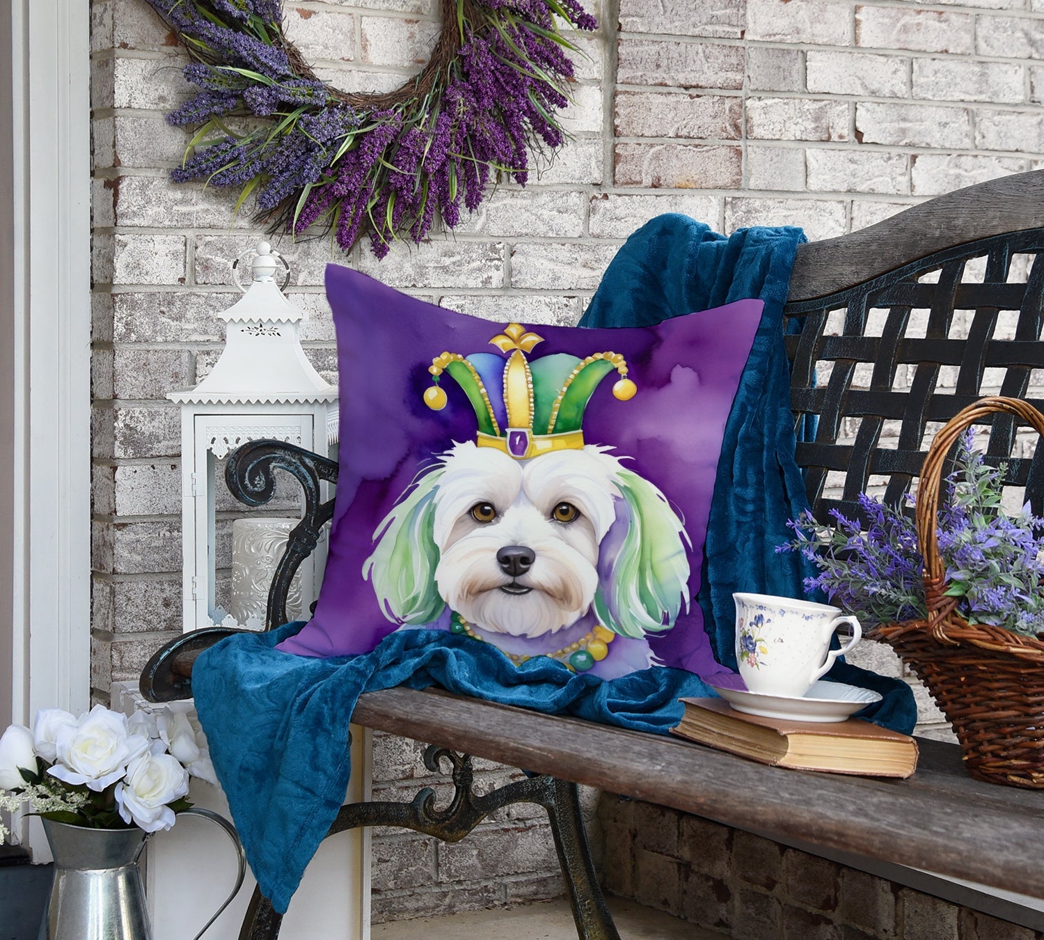 Coton de Tulear King of Mardi Gras Decorative Throw Pillow 18x18 Indoor Outdoor Accent Cushion, Fabric Cover with Insert for Sofa, Bed, Porch & Living Room