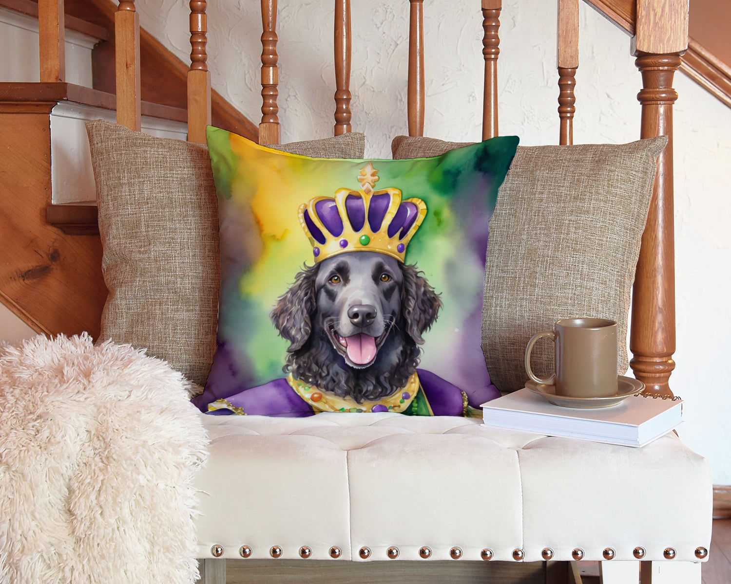 Curly-Coated Retriever King of Mardi Gras Decorative Throw Pillow 14x14 Indoor Outdoor Accent Cushion, Fabric Cover with Insert for Sofa, Bed, Porch & Living Room