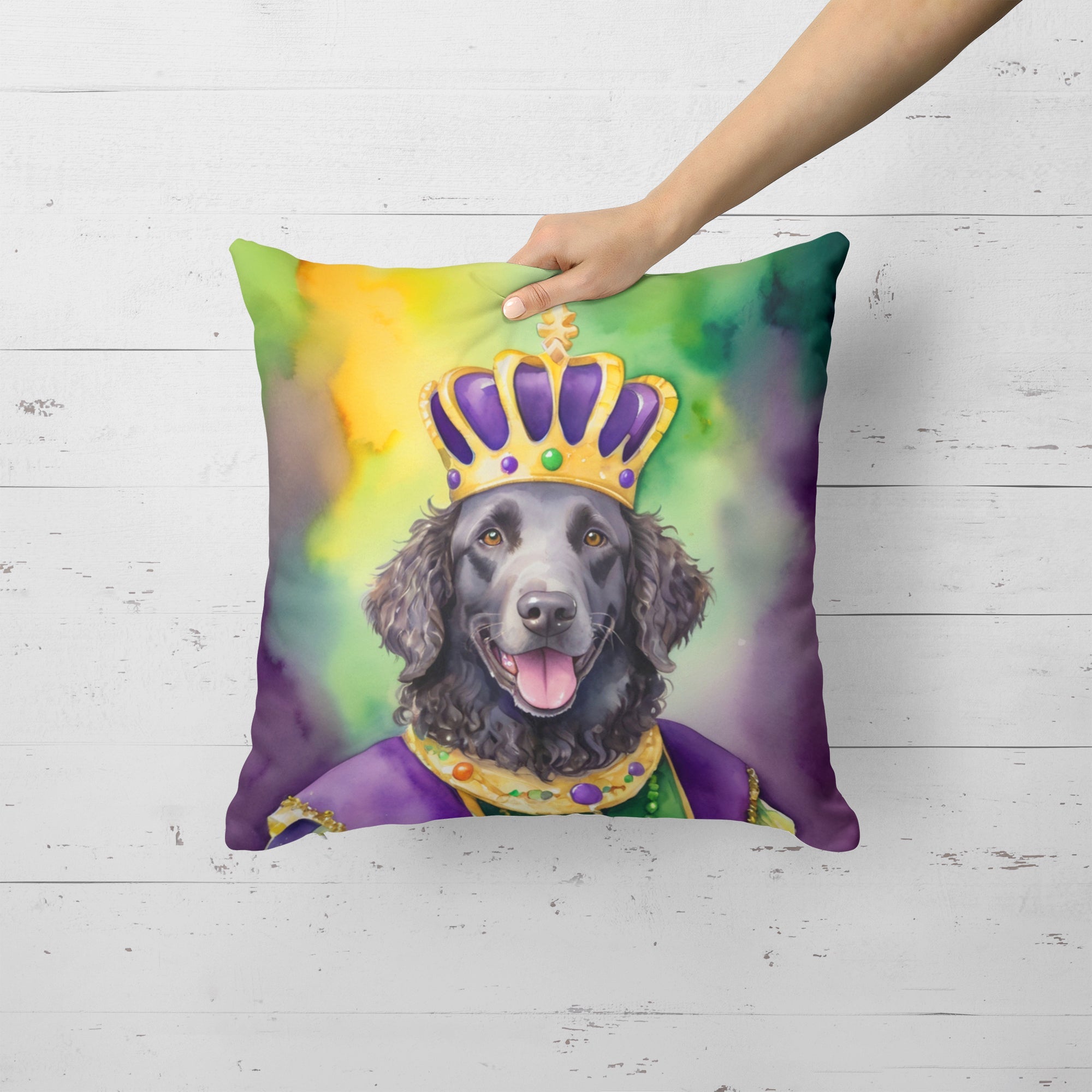 Curly-Coated Retriever King of Mardi Gras Decorative Throw Pillow 18x18 Indoor Outdoor Accent Cushion, Fabric Cover with Insert for Sofa, Bed, Porch & Living Room