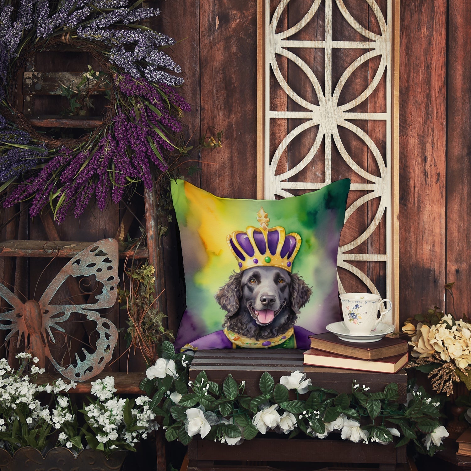 Curly-Coated Retriever King of Mardi Gras Decorative Throw Pillow 18x18 Indoor Outdoor Accent Cushion, Fabric Cover with Insert for Sofa, Bed, Porch & Living Room