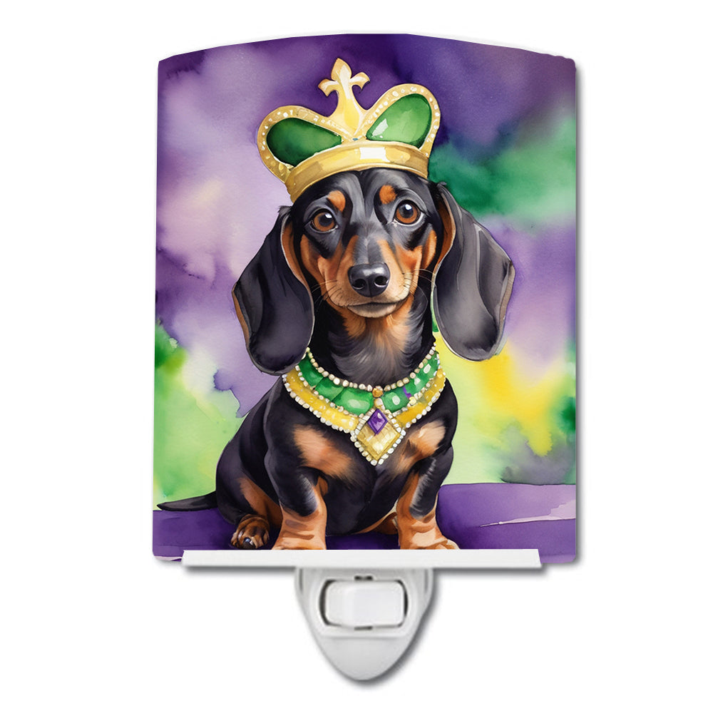 Dachshund King of Mardi Gras Ceramic Night Light Compact, UL-Certified, Ideal for Bedroom, Bathroom, Nursery, Hallway, Kitchen, 6x4x3, Multicolor