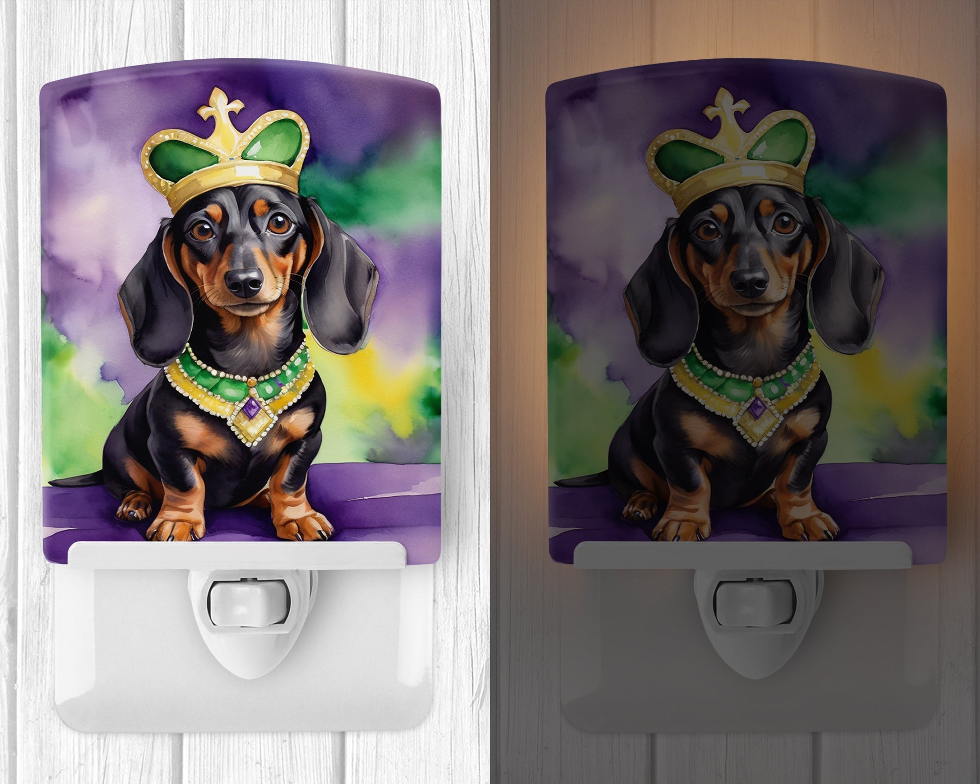 Dachshund King of Mardi Gras Ceramic Night Light Compact, UL-Certified, Ideal for Bedroom, Bathroom, Nursery, Hallway, Kitchen, 6x4x3, Multicolor