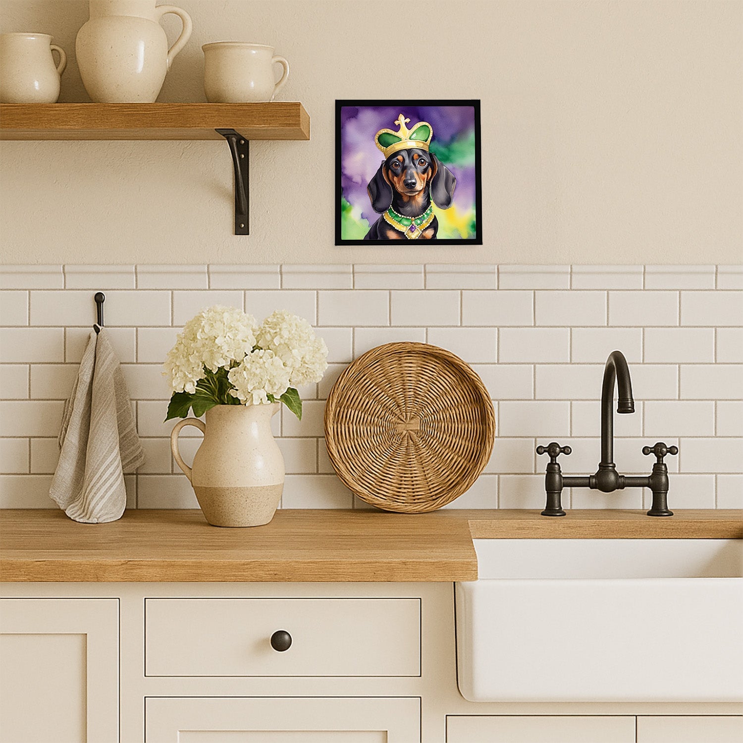 Dachshund King of Mardi Gras Framed Metal Print Bathroom, Kitchen, Office, Home Decor Wall Art Ready to Hang, Square, 8X8