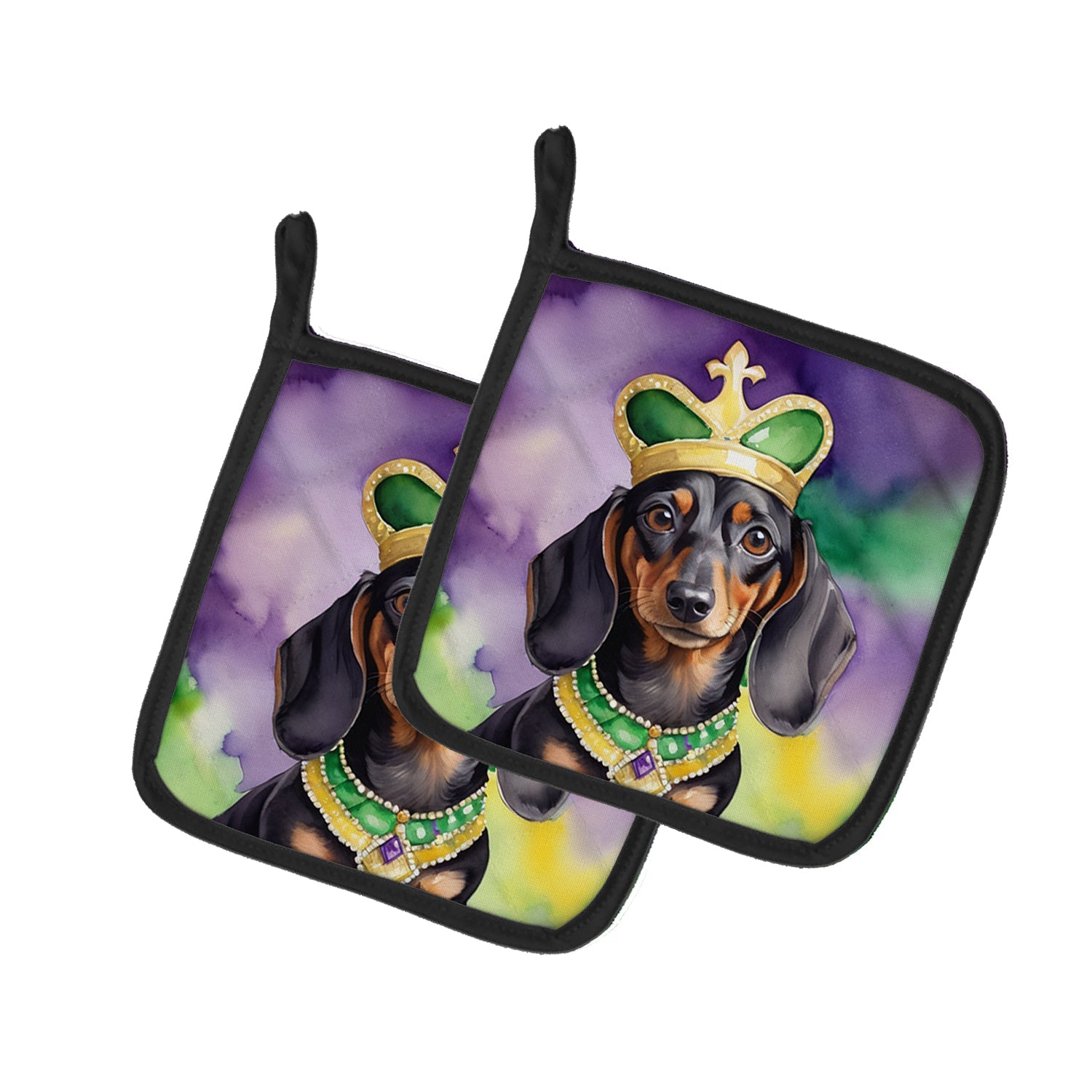 Dachshund King of Mardi Gras Pot Holder Set of 2 Heat Resistant Quilted Hot Pads 7.5 x 7.5 Inch, Insulated Kitchen Trivets for Cooking & Baking