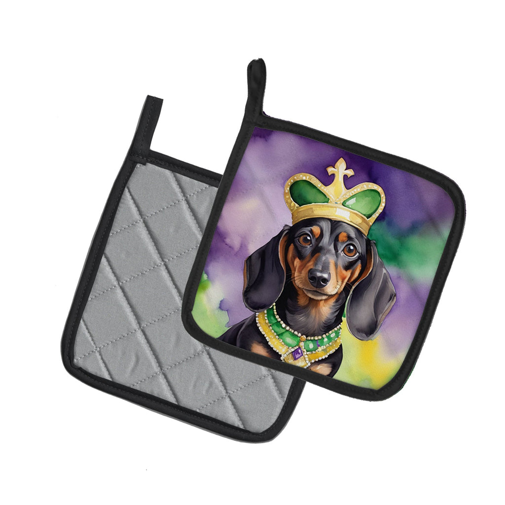 Dachshund King of Mardi Gras Pot Holder Set of 2 Heat Resistant Quilted Hot Pads 7.5 x 7.5 Inch, Insulated Kitchen Trivets for Cooking & Baking