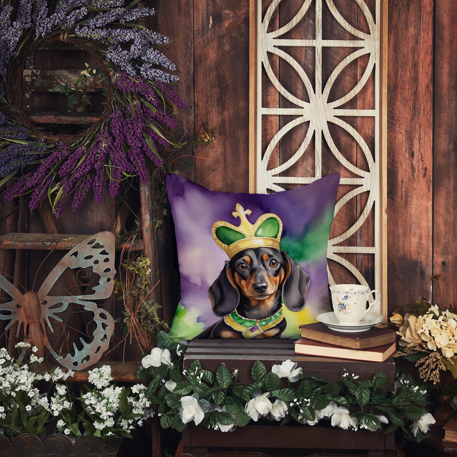 Dachshund King of Mardi Gras Decorative Throw Pillow 18x18 Indoor Outdoor Accent Cushion, Fabric Cover with Insert for Sofa, Bed, Porch & Living Room