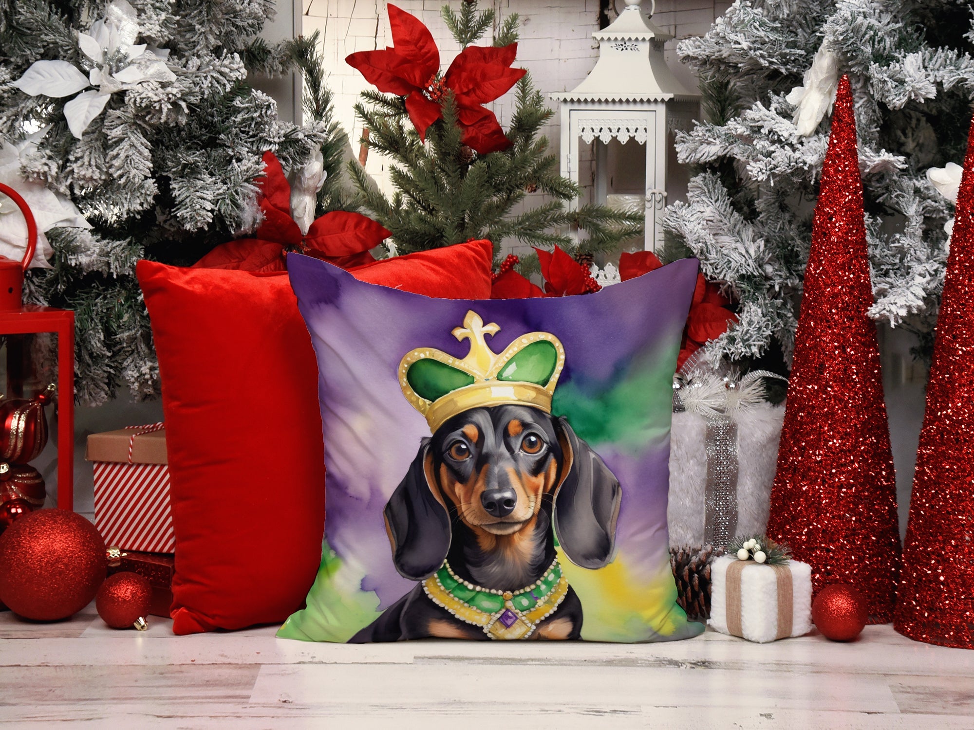 Dachshund King of Mardi Gras Decorative Throw Pillow 18x18 Indoor Outdoor Accent Cushion, Fabric Cover with Insert for Sofa, Bed, Porch & Living Room