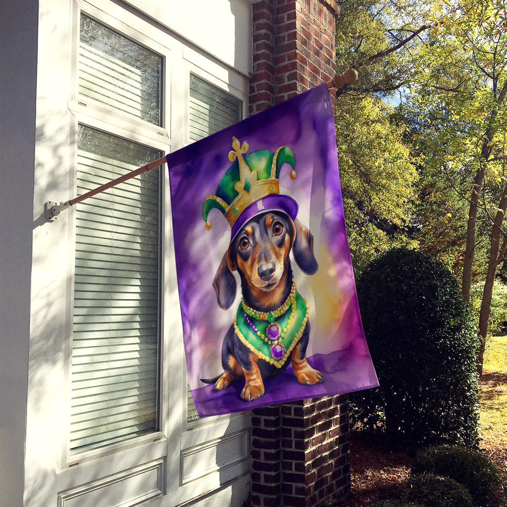Dachshund King of Mardi Gras House Flag 28x40 Porch Sleeve Pole Decorative Outside Yard Banner Artwork Wall Hanging, Polyester
