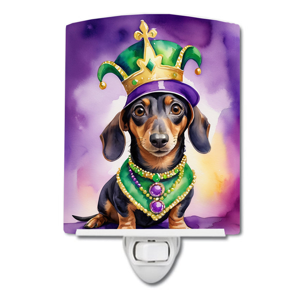 Dachshund King of Mardi Gras Ceramic Night Light Compact, UL-Certified, Ideal for Bedroom, Bathroom, Nursery, Hallway, Kitchen, 6x4x3, Multicolor