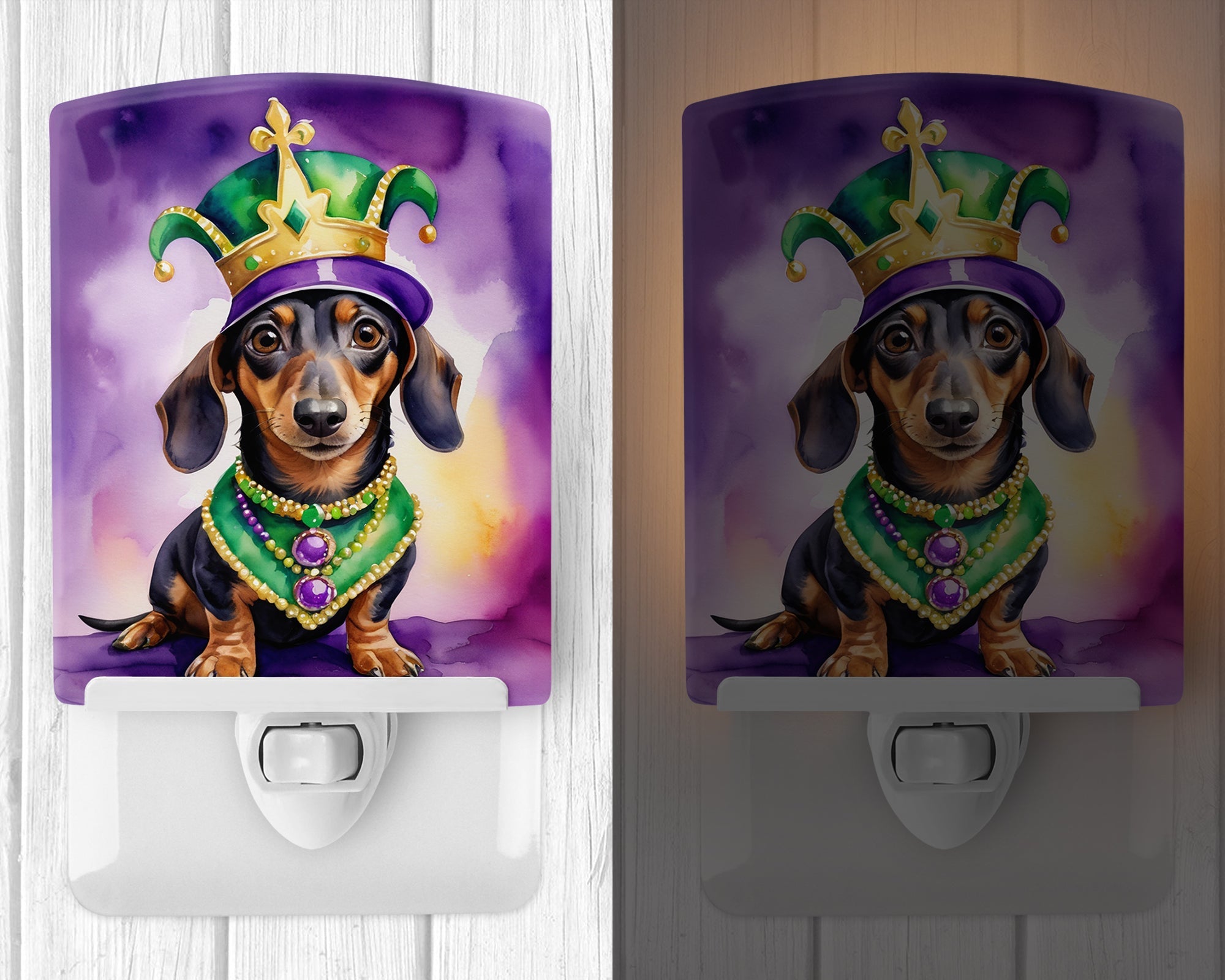Dachshund King of Mardi Gras Ceramic Night Light Compact, UL-Certified, Ideal for Bedroom, Bathroom, Nursery, Hallway, Kitchen, 6x4x3, Multicolor