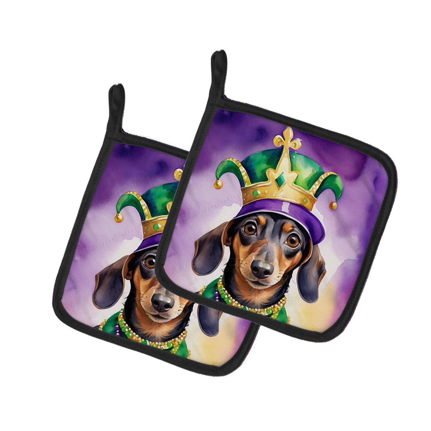 Dachshund King of Mardi Gras Pot Holder Set of 2 Heat Resistant Quilted Hot Pads 7.5 x 7.5 Inch, Insulated Kitchen Trivets for Cooking & Baking