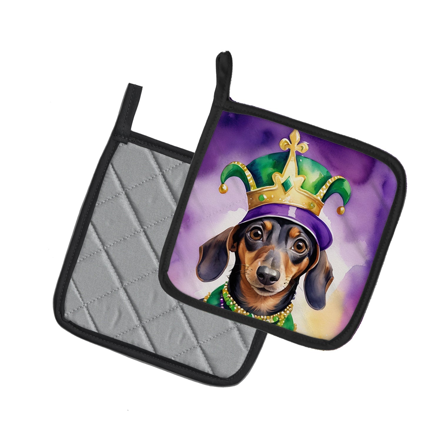 Dachshund King of Mardi Gras Pot Holder Set of 2 Heat Resistant Quilted Hot Pads 7.5 x 7.5 Inch, Insulated Kitchen Trivets for Cooking & Baking