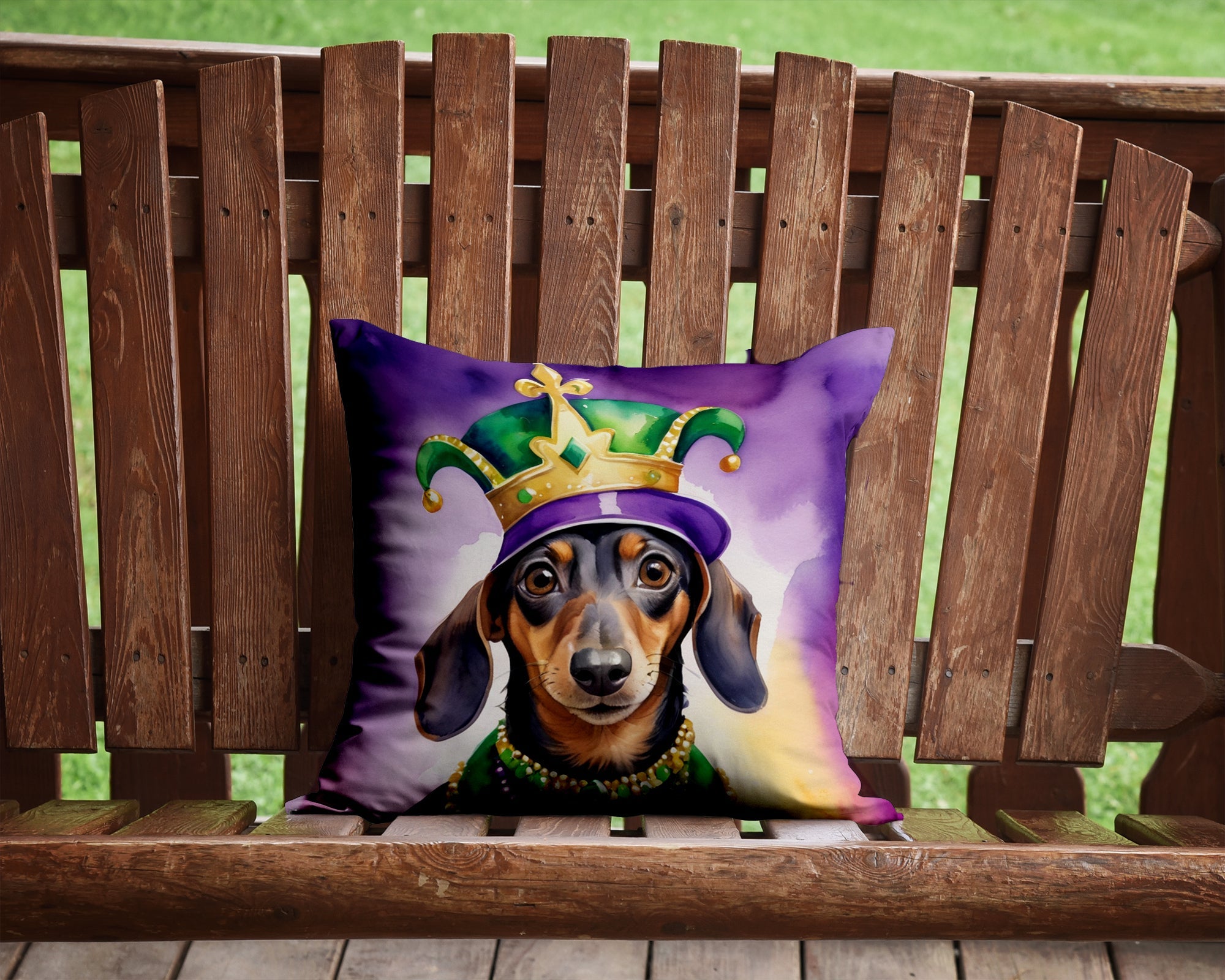 Dachshund King of Mardi Gras Decorative Throw Pillow 14x14 Indoor Outdoor Accent Cushion, Fabric Cover with Insert for Sofa, Bed, Porch & Living Room