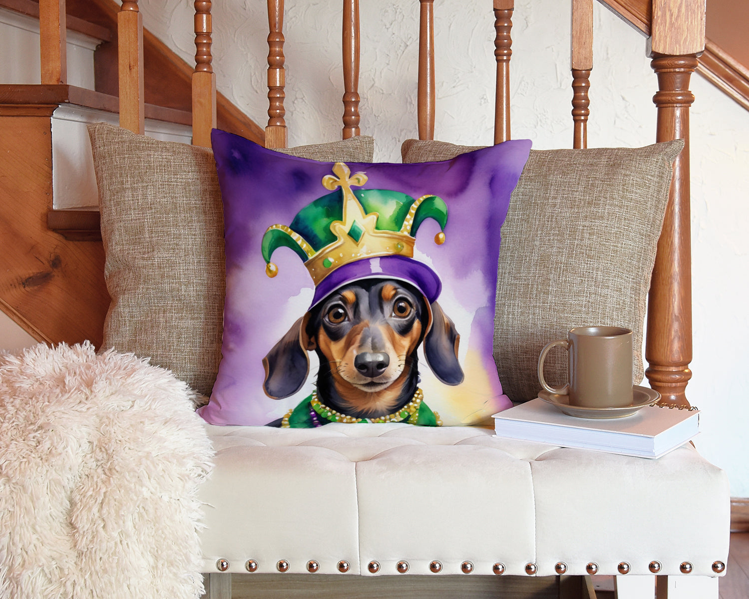 Dachshund King of Mardi Gras Decorative Throw Pillow 14x14 Indoor Outdoor Accent Cushion, Fabric Cover with Insert for Sofa, Bed, Porch & Living Room