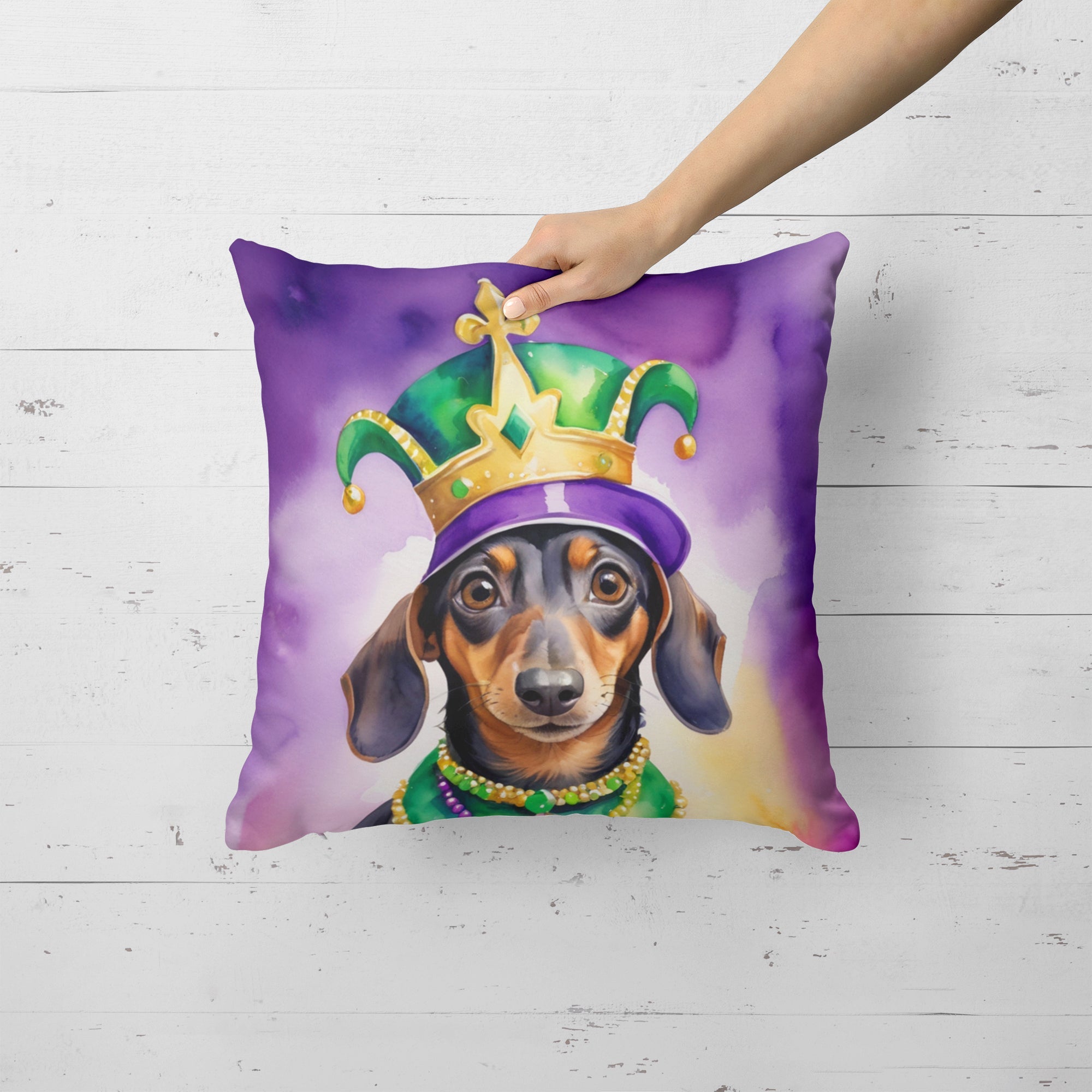 Dachshund King of Mardi Gras Decorative Throw Pillow 18x18 Indoor Outdoor Accent Cushion, Fabric Cover with Insert for Sofa, Bed, Porch & Living Room