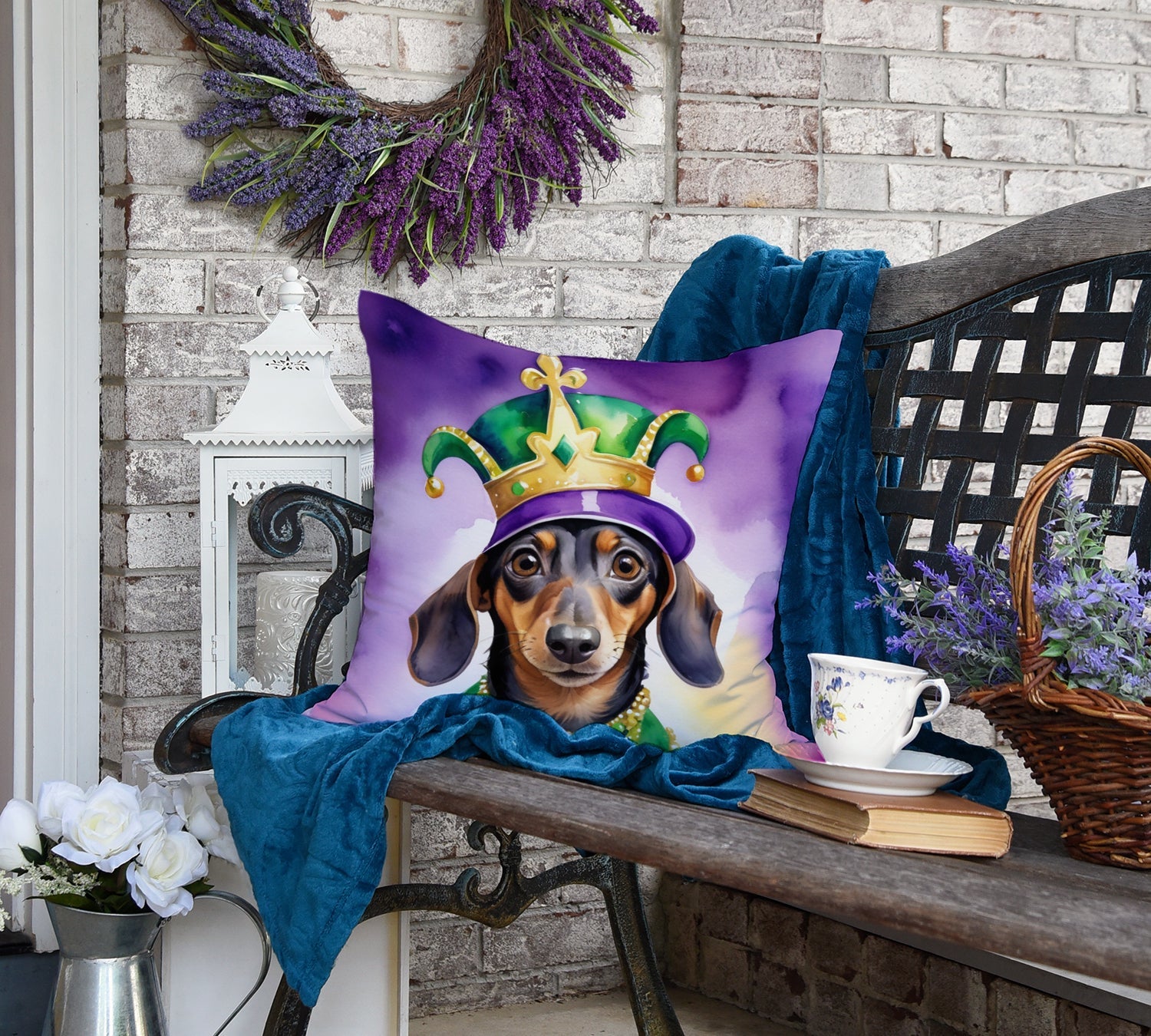 Dachshund King of Mardi Gras Decorative Throw Pillow 18x18 Indoor Outdoor Accent Cushion, Fabric Cover with Insert for Sofa, Bed, Porch & Living Room