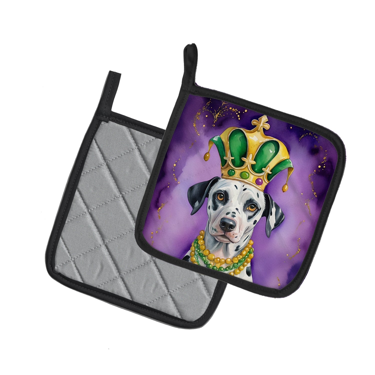 Dalmatian King of Mardi Gras Pot Holder Set of 2 Heat Resistant Quilted Hot Pads 7.5 x 7.5 Inch, Insulated Kitchen Trivets for Cooking & Baking