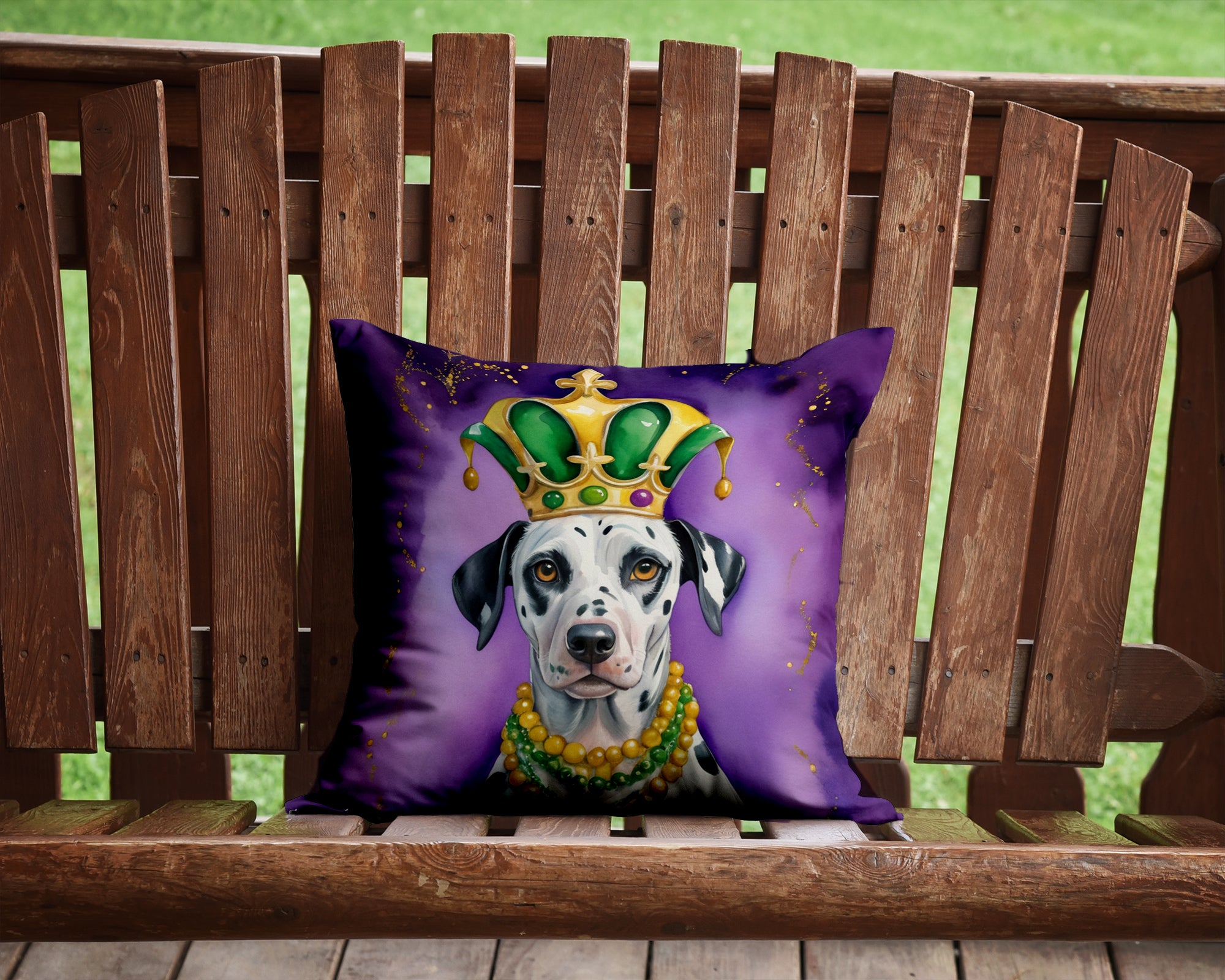 Dalmatian King of Mardi Gras Decorative Throw Pillow 14x14 Indoor Outdoor Accent Cushion, Fabric Cover with Insert for Sofa, Bed, Porch & Living Room