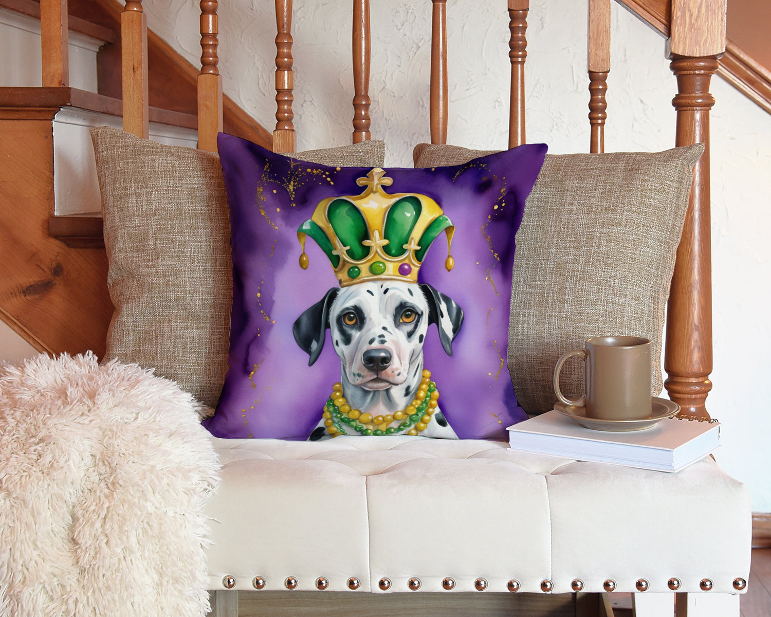 Dalmatian King of Mardi Gras Decorative Throw Pillow 14x14 Indoor Outdoor Accent Cushion, Fabric Cover with Insert for Sofa, Bed, Porch & Living Room