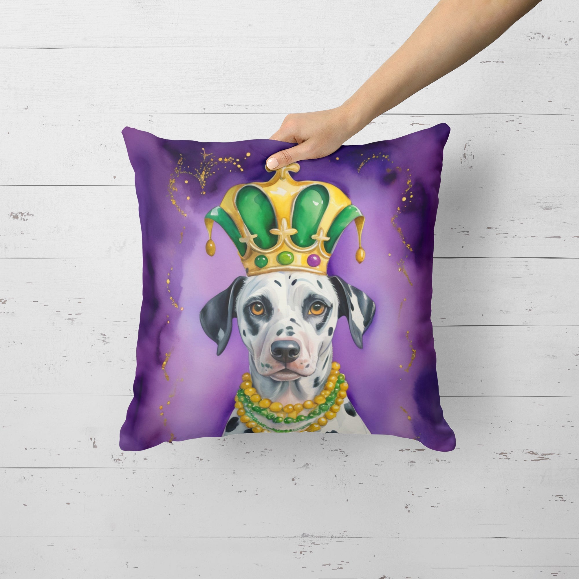 Dalmatian King of Mardi Gras Decorative Throw Pillow 18x18 Indoor Outdoor Accent Cushion, Fabric Cover with Insert for Sofa, Bed, Porch & Living Room