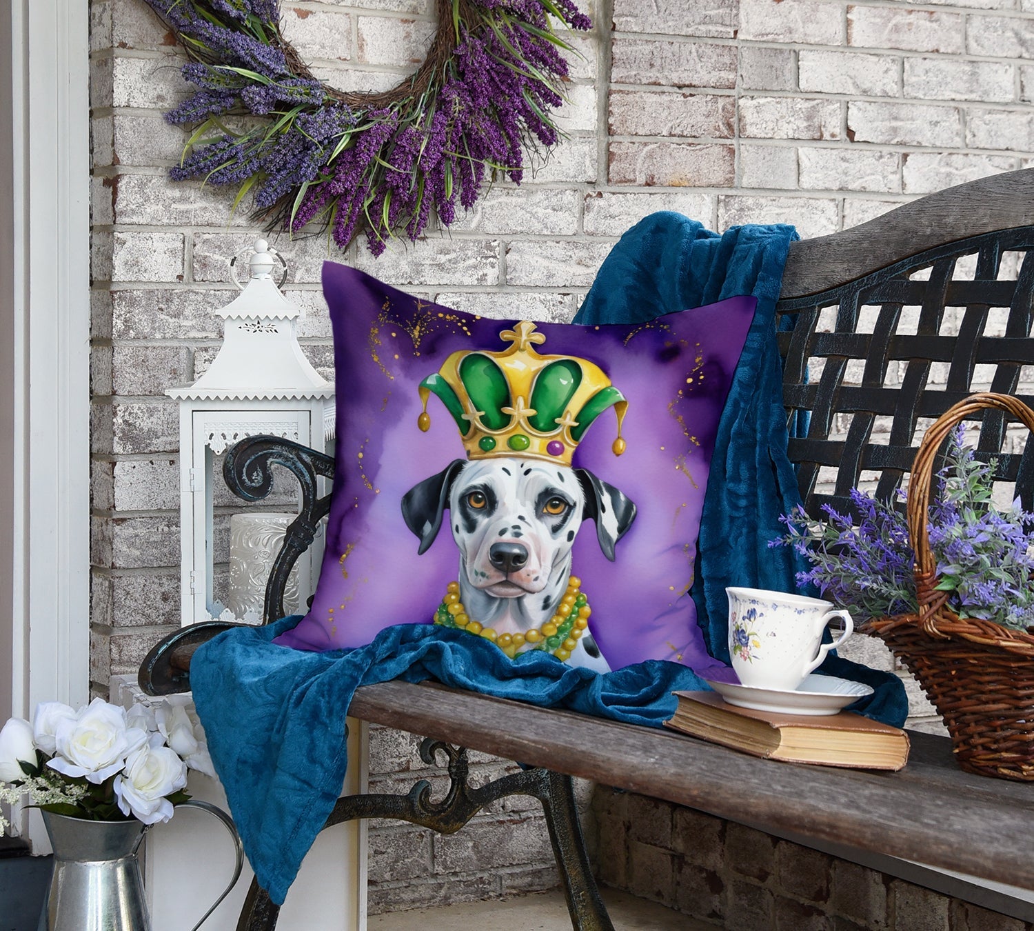 Dalmatian King of Mardi Gras Decorative Throw Pillow 18x18 Indoor Outdoor Accent Cushion, Fabric Cover with Insert for Sofa, Bed, Porch & Living Room