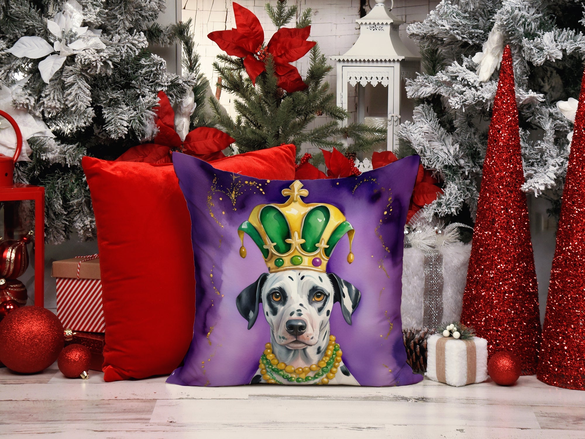 Dalmatian King of Mardi Gras Decorative Throw Pillow 18x18 Indoor Outdoor Accent Cushion, Fabric Cover with Insert for Sofa, Bed, Porch & Living Room