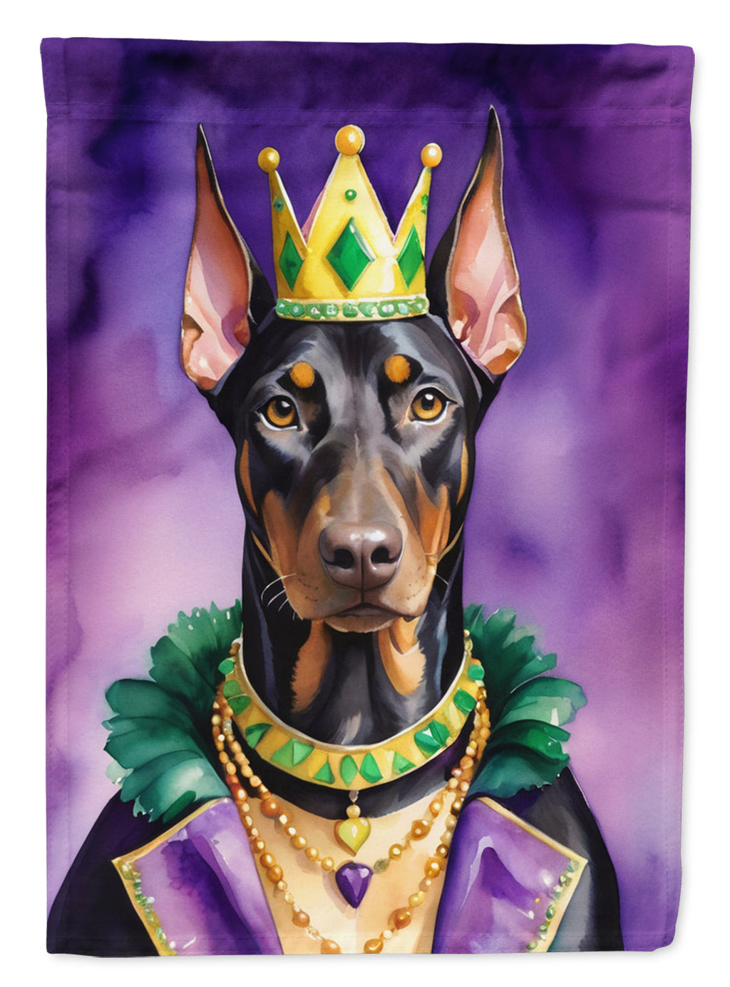 Doberman Pinscher King of Mardi Gras House Flag 28x40 Porch Sleeve Pole Decorative Outside Yard Banner Artwork Wall Hanging, Polyester