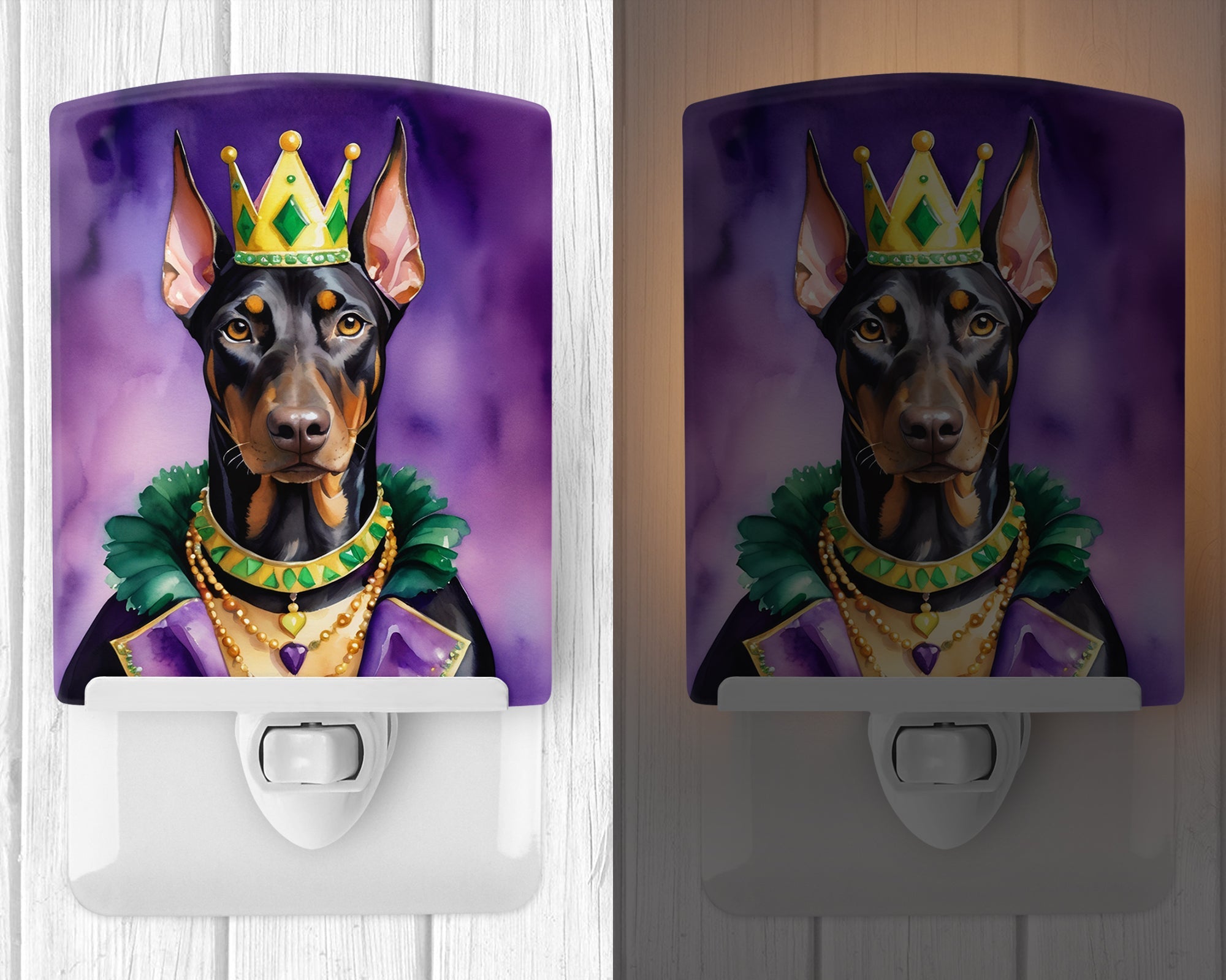 Doberman Pinscher King of Mardi Gras Ceramic Night Light Compact, UL-Certified, Ideal for Bedroom, Bathroom, Nursery, Hallway, Kitchen, 6x4x3, Multicolor