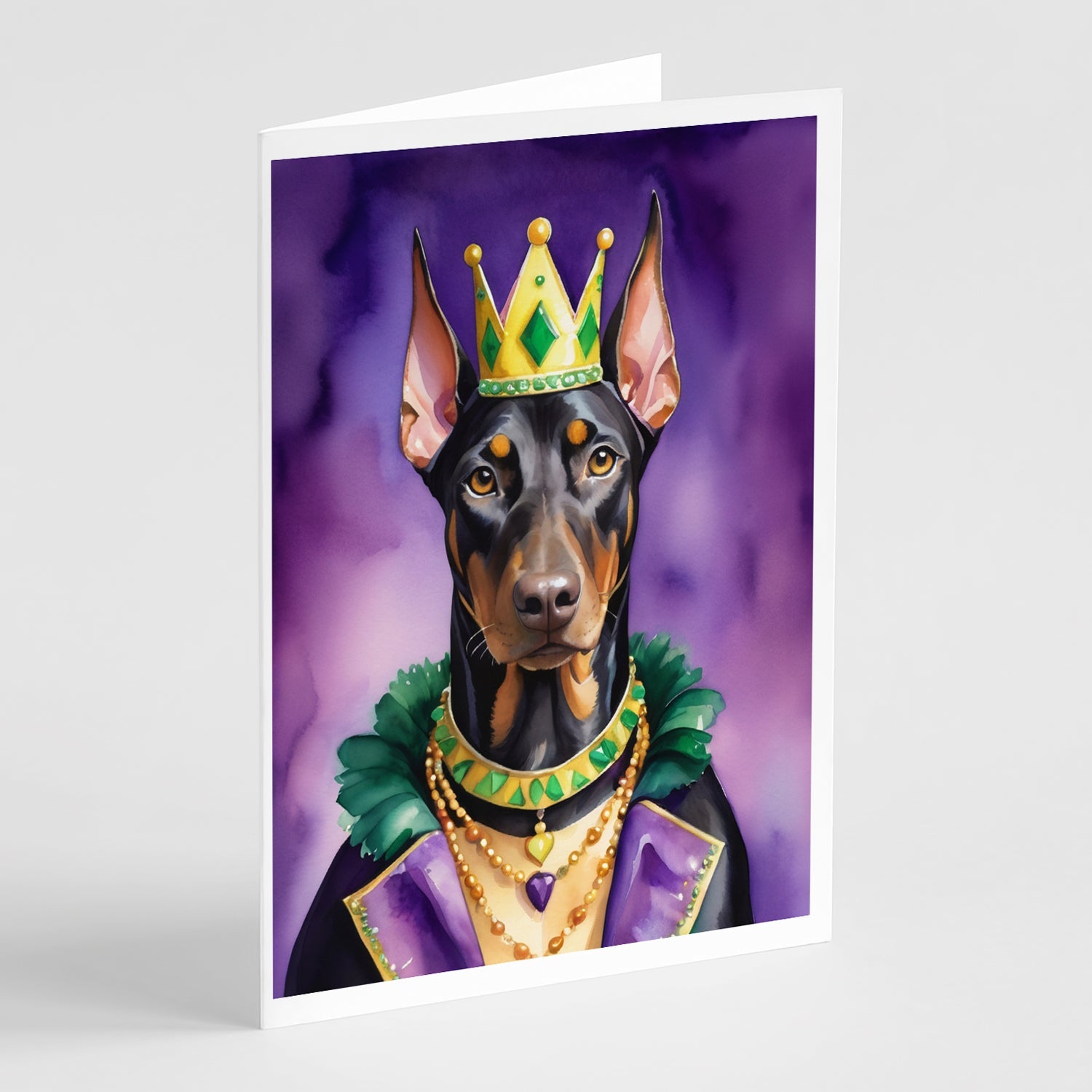 Doberman Pinscher King of Mardi Gras Greeting Cards Pack of 8 Blank Cards with Envelopes Whimsical A7 Size 5x7
